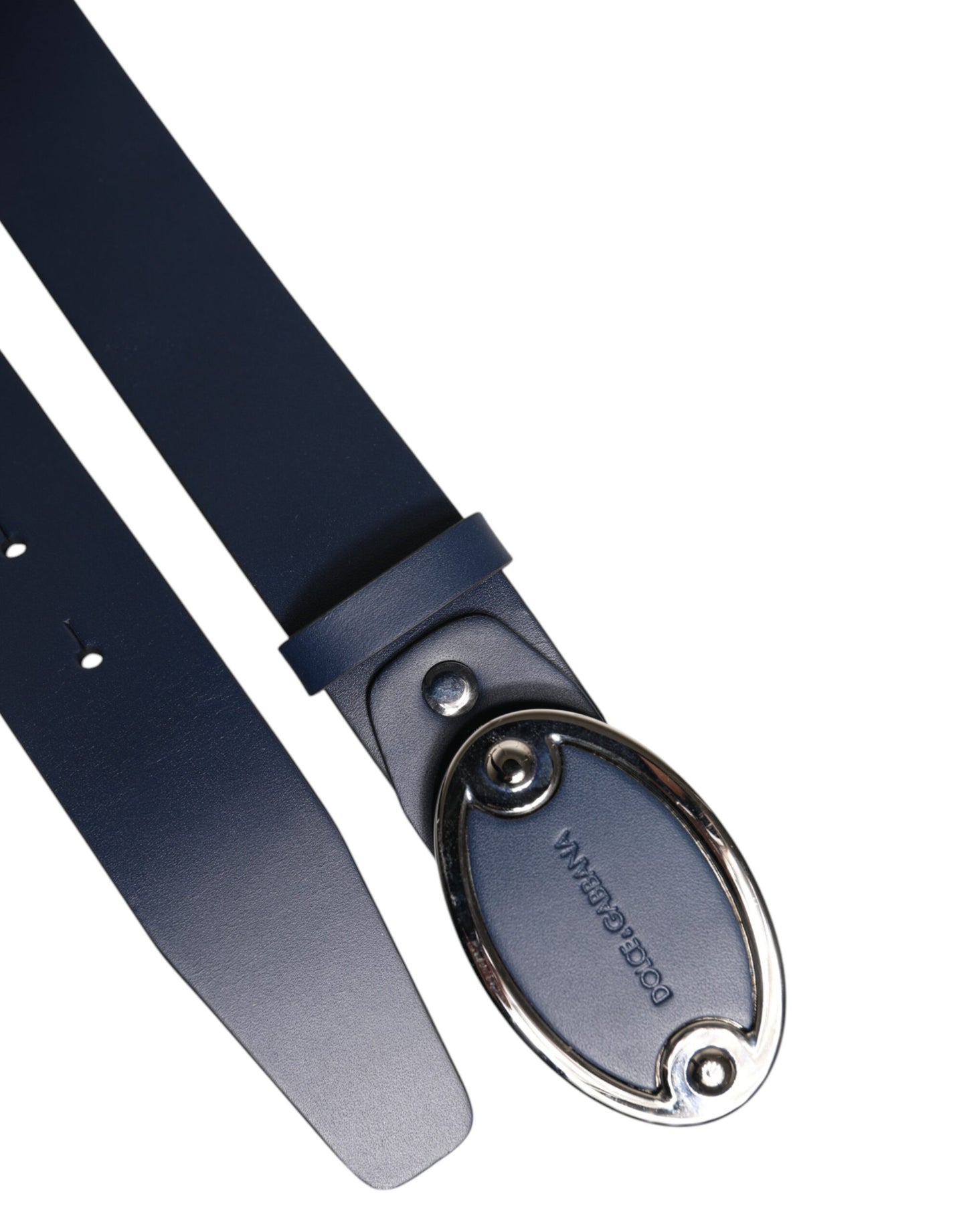Cinturón de cuero azul con hebilla clásica de metal y logotipo de Dolce & Gabbana