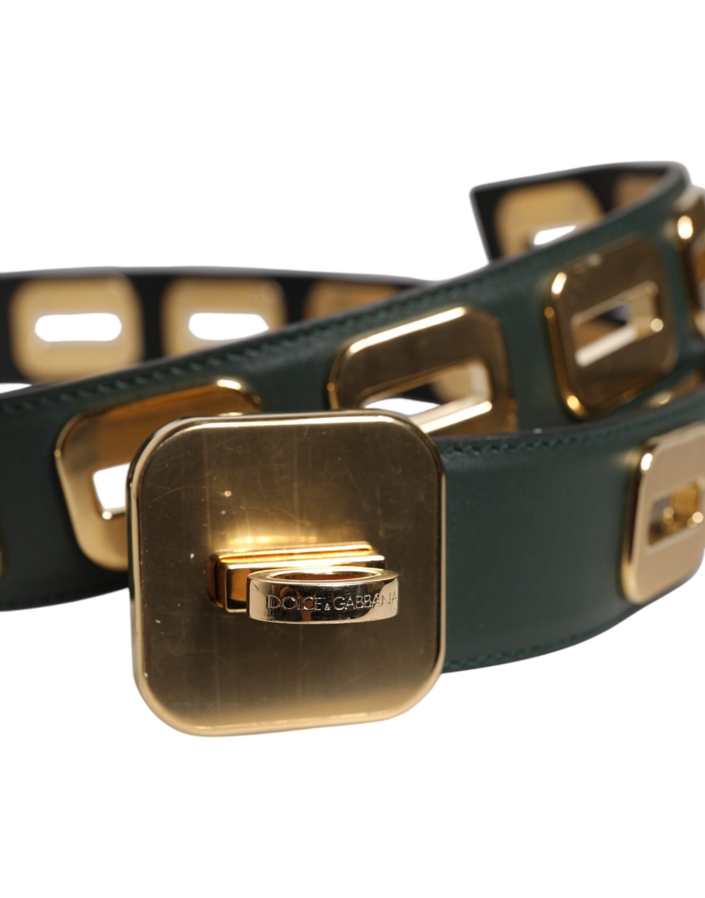 Cinturón de piel verde con hebilla giratoria en tono dorado de Dolce & Gabbana