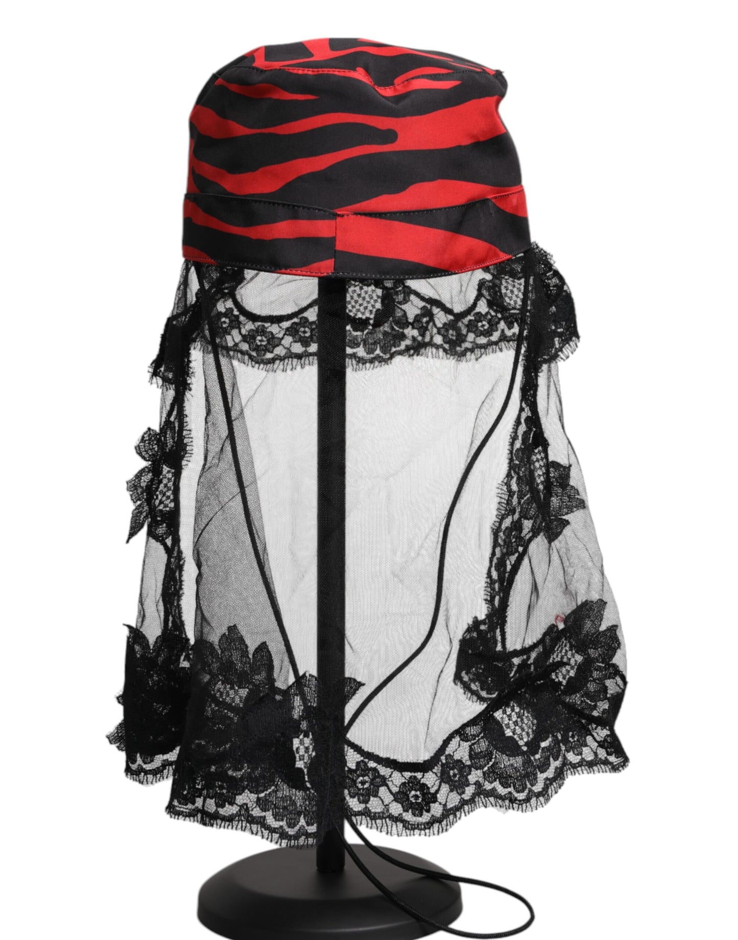Dolce & Gabbana Black Red Stripes Lace Tulle Bucket Hat