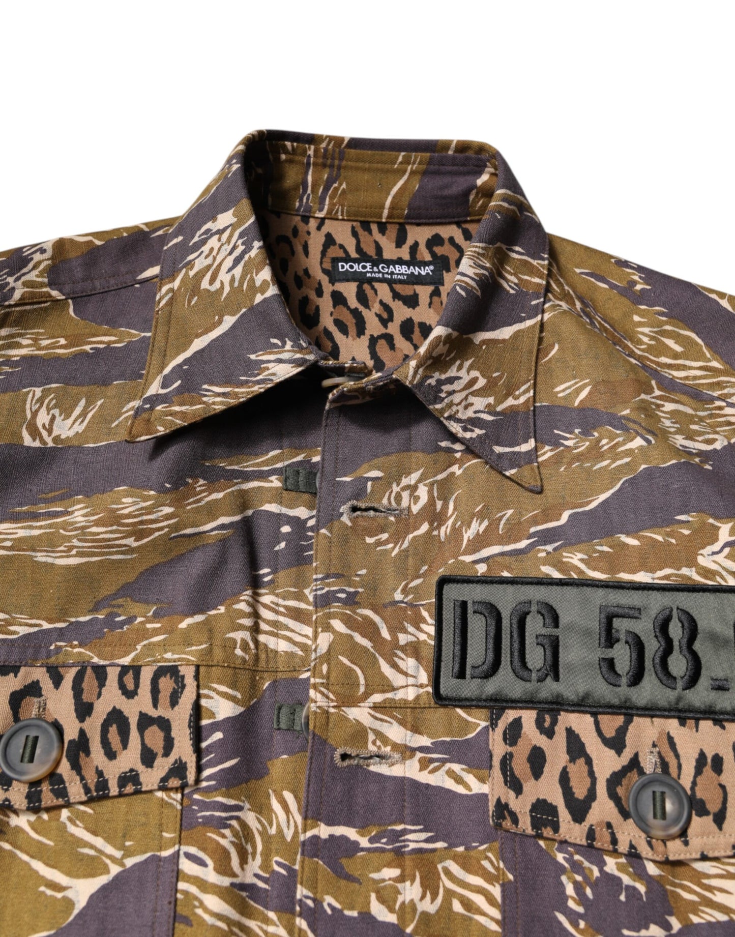 Chaqueta de algodón con cuello y estampado de leopardo marrón de Dolce & Gabbana