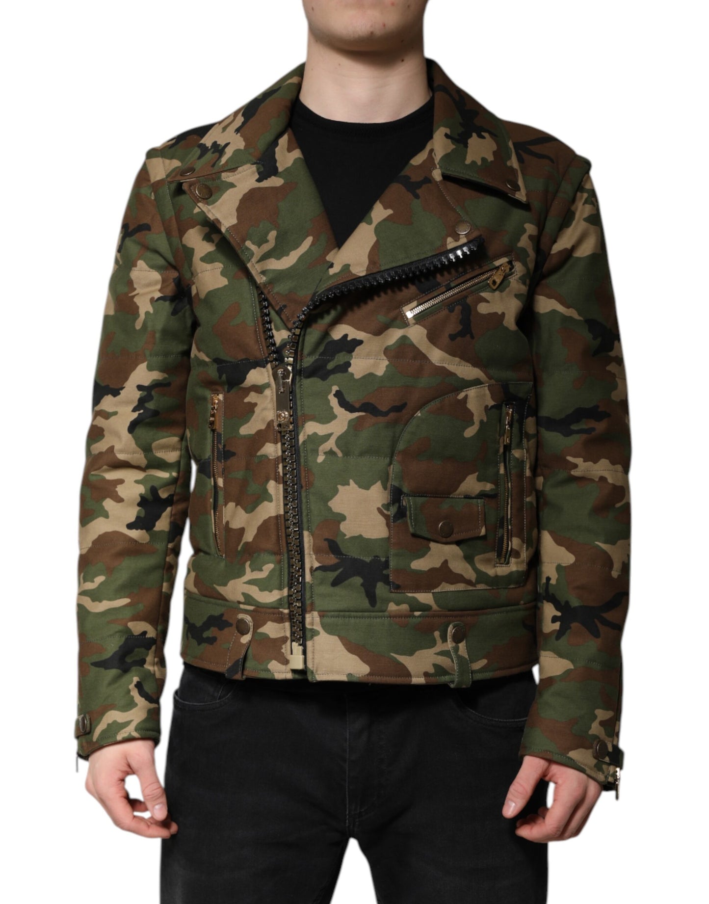 Chaqueta biker de nailon con estampado de camuflaje multicolor de Dolce & Gabbana