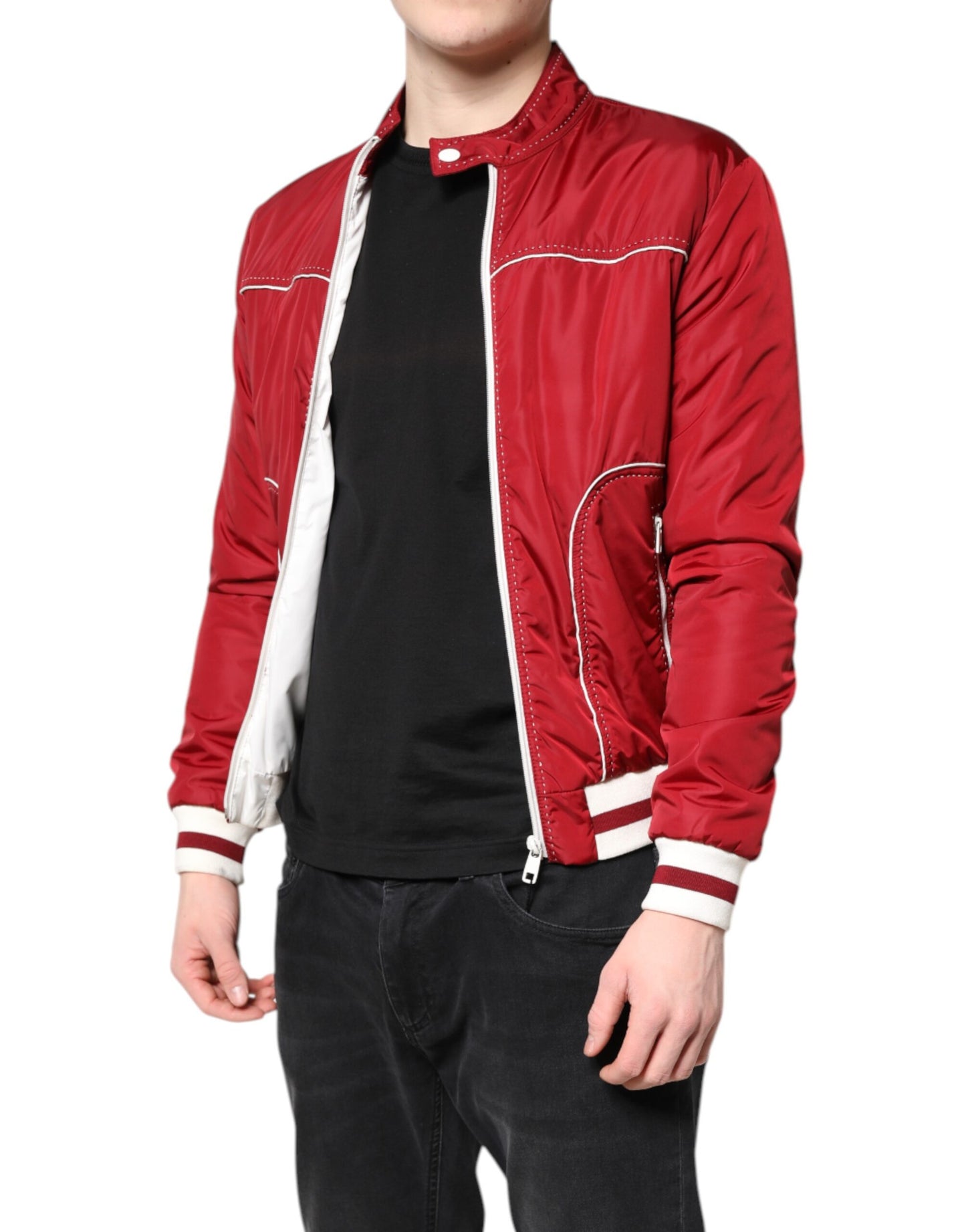 Chaqueta bomber Dolce & Gabbana de nailon rojo y blanco con cremallera completa para hombre