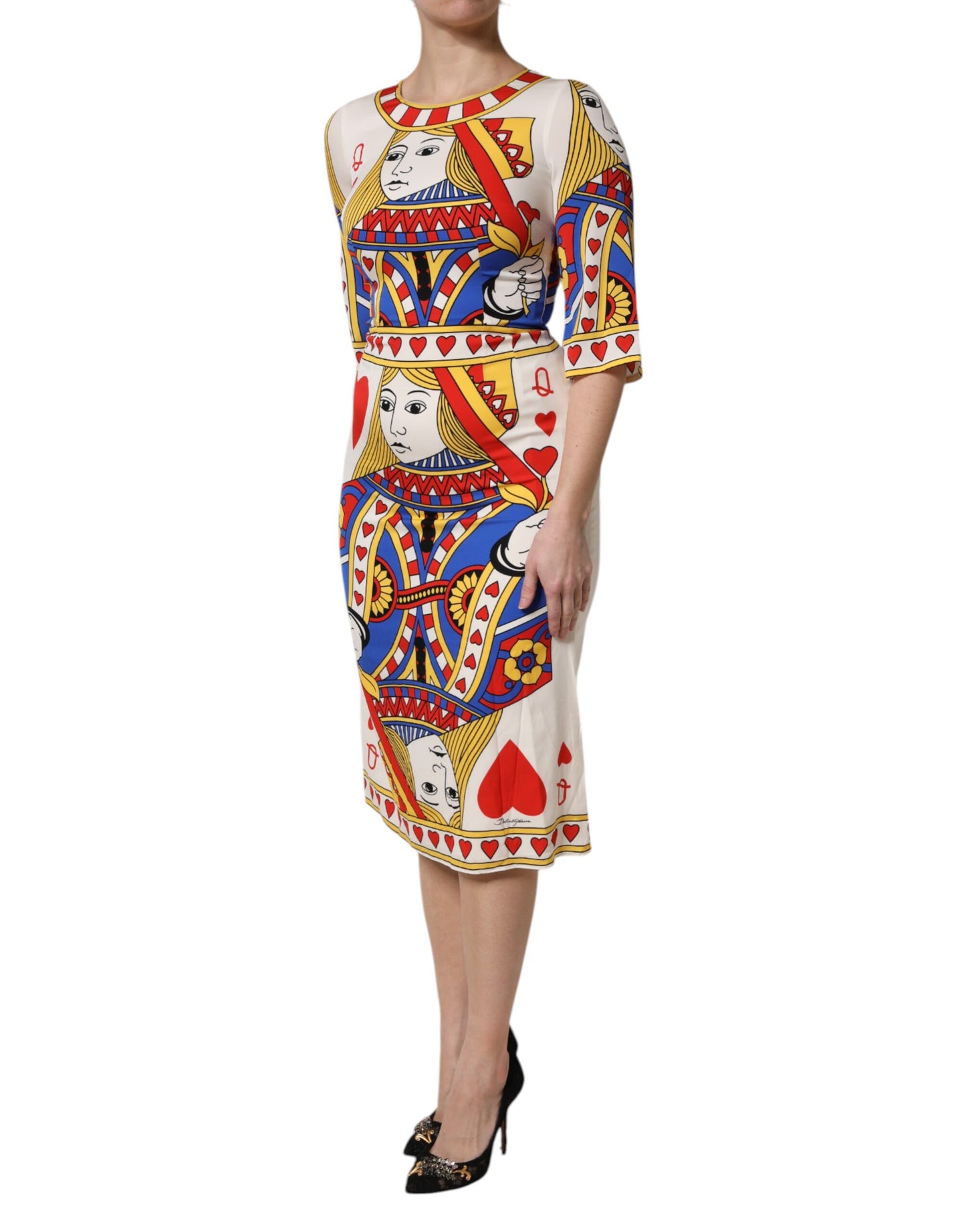 Dolce & Gabbana White Queen Of Heart Short Sleeve Midi Dress