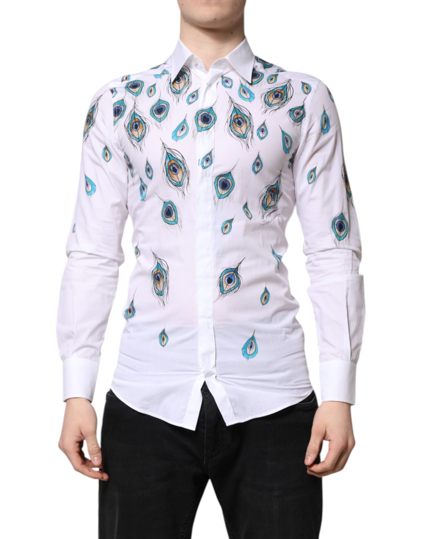 Camisa de vestir Dolce & Gabbana de algodón blanco con estampado de plumas doradas