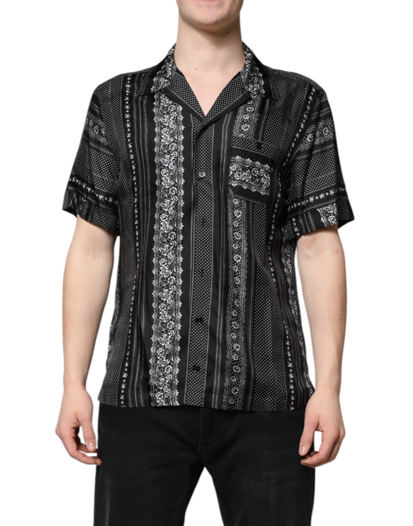Camisa de manga corta con estampado floral de seda negra de Dolce & Gabbana