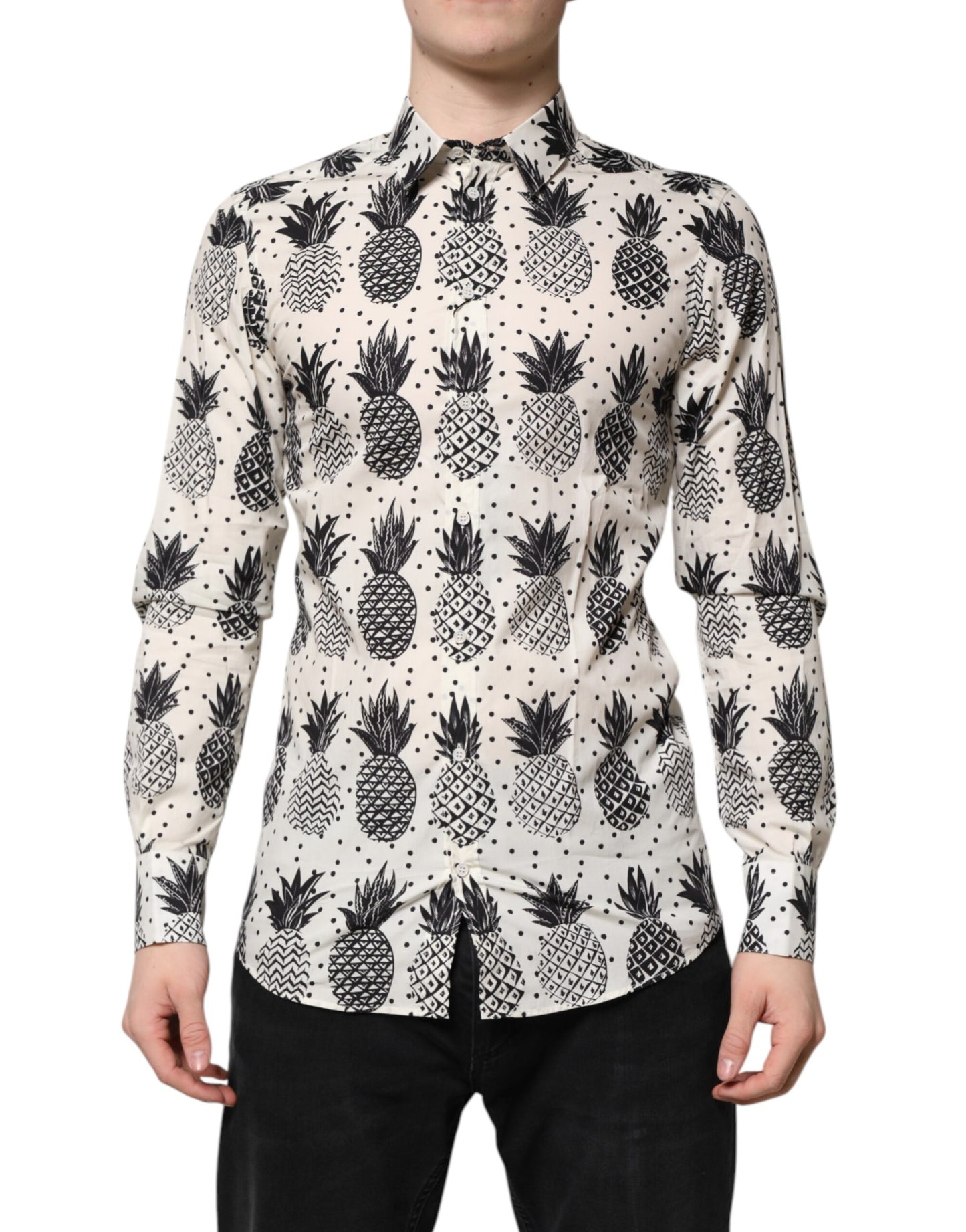 Camisa Dolce & Gabbana de manga larga con estampado de piña blanca dorada