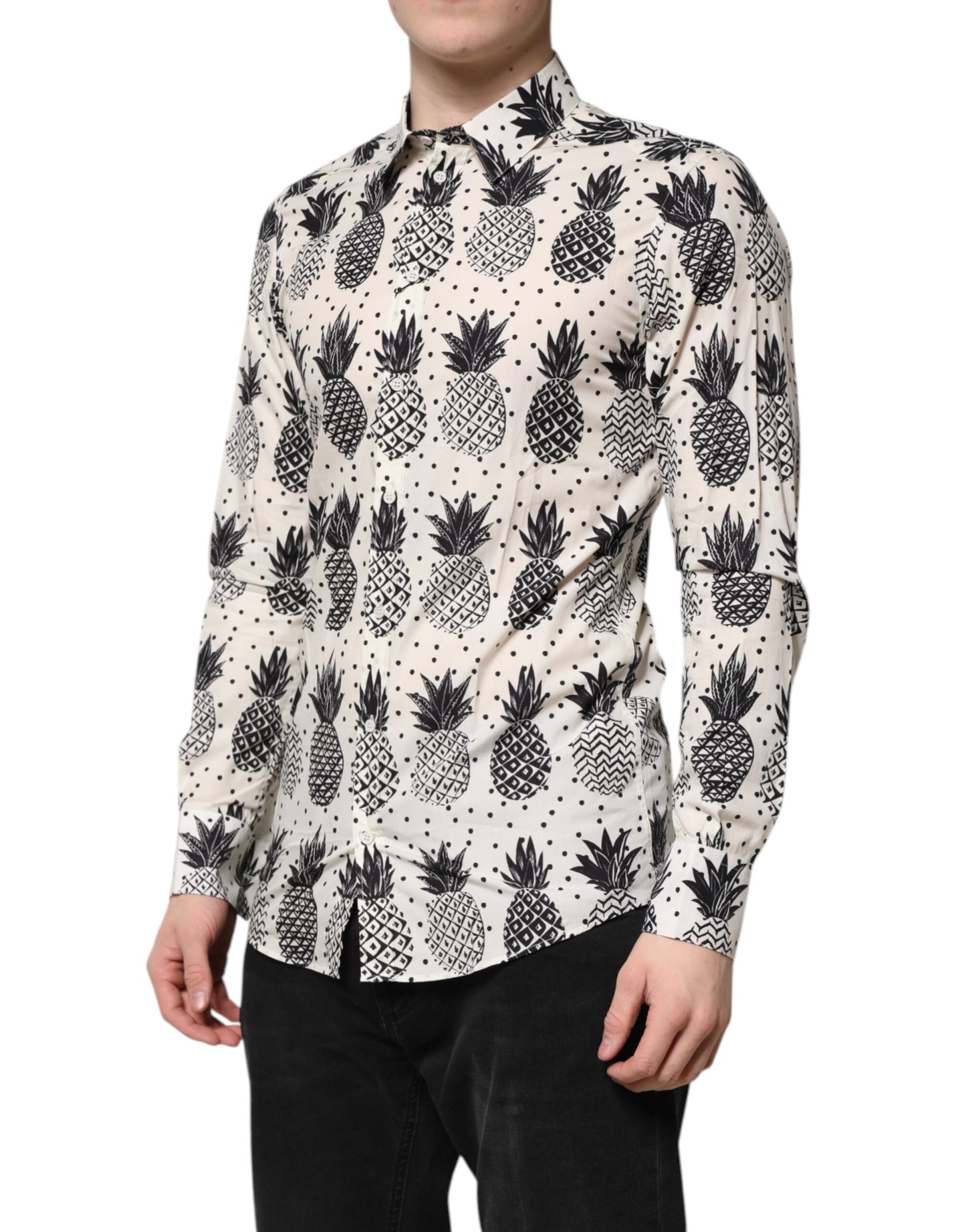 Camisa Dolce & Gabbana de manga larga con estampado de piña blanca dorada