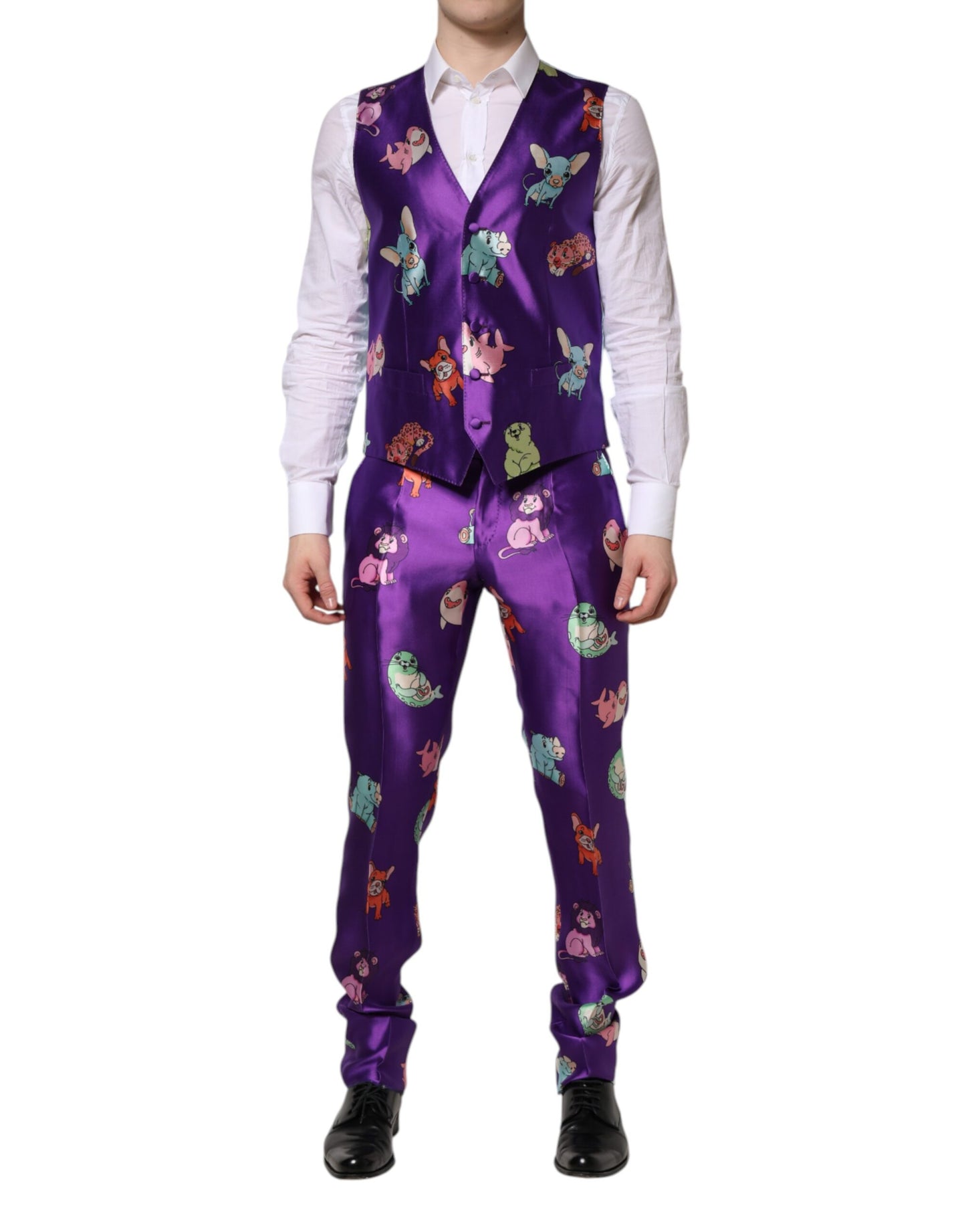 Traje de tres piezas con estampado animal de seda morado de Dolce & Gabbana