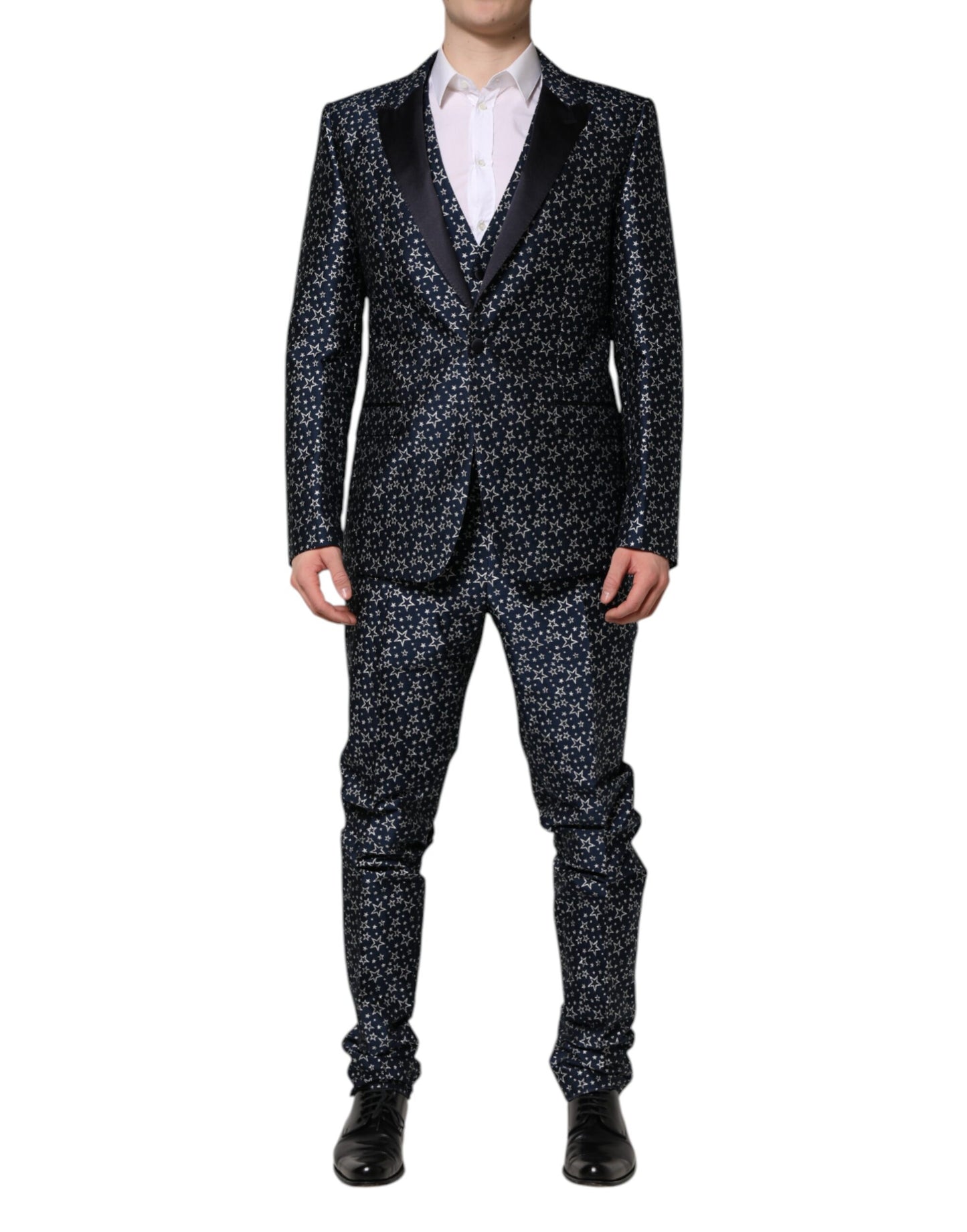 Traje de tres piezas en jacquard con estrellas MARTINI azul de Dolce & Gabbana