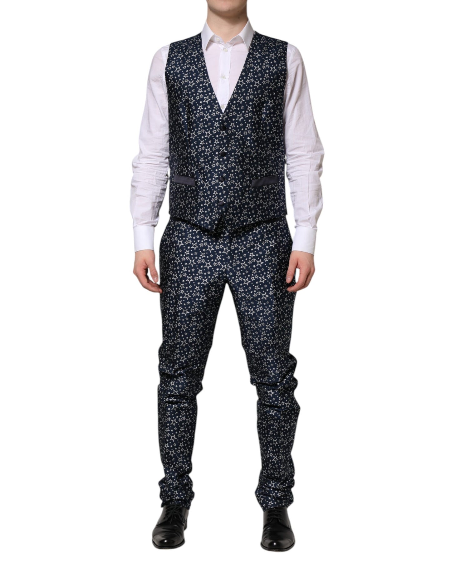 Traje de tres piezas en jacquard con estrellas MARTINI azul de Dolce & Gabbana