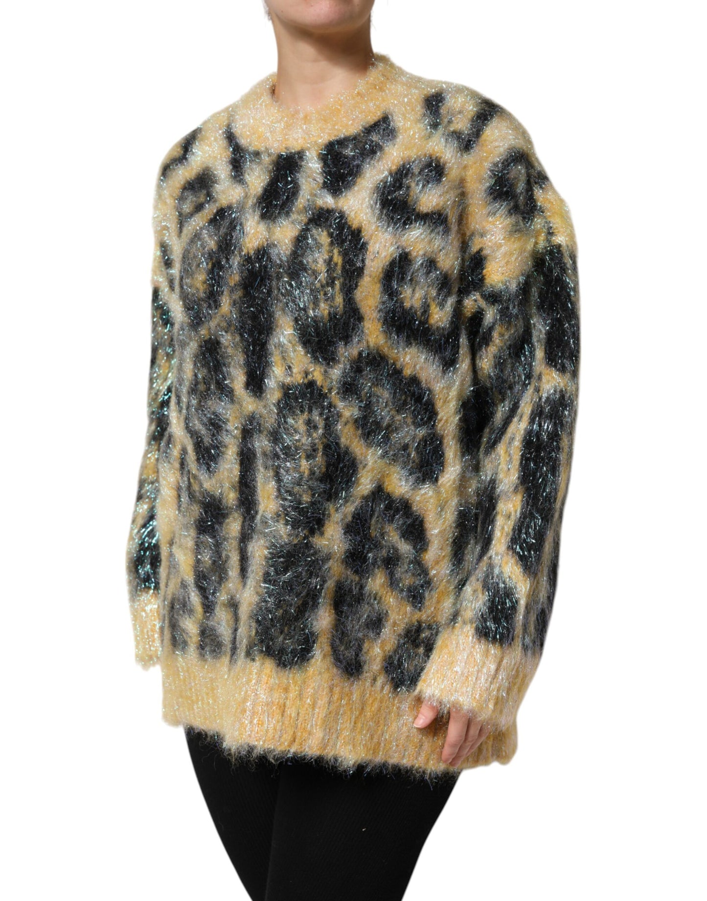 Suéter de cuello redondo de mohair con estampado de leopardo multicolor de Dolce & Gabbana