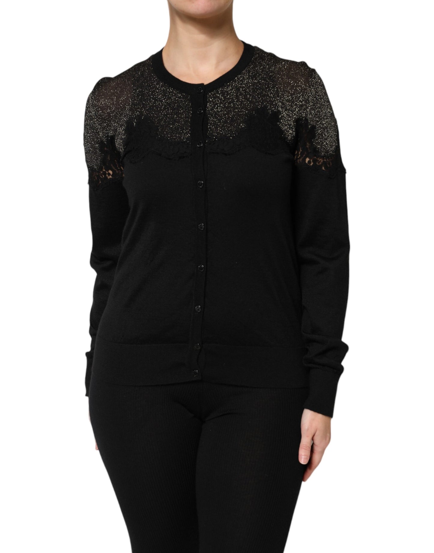 Suéter tipo cárdigan con botones y encaje de viscosa negro de Dolce & Gabbana