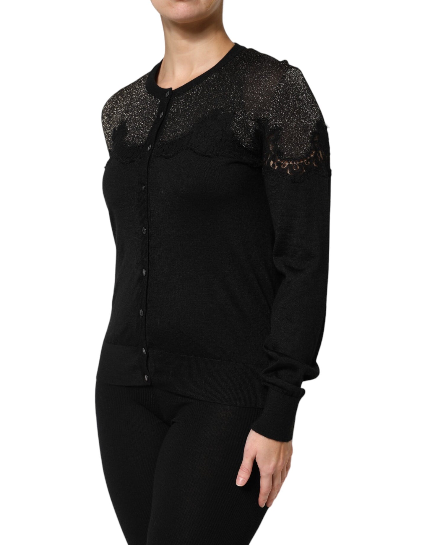 Suéter tipo cárdigan con botones y encaje de viscosa negro de Dolce & Gabbana