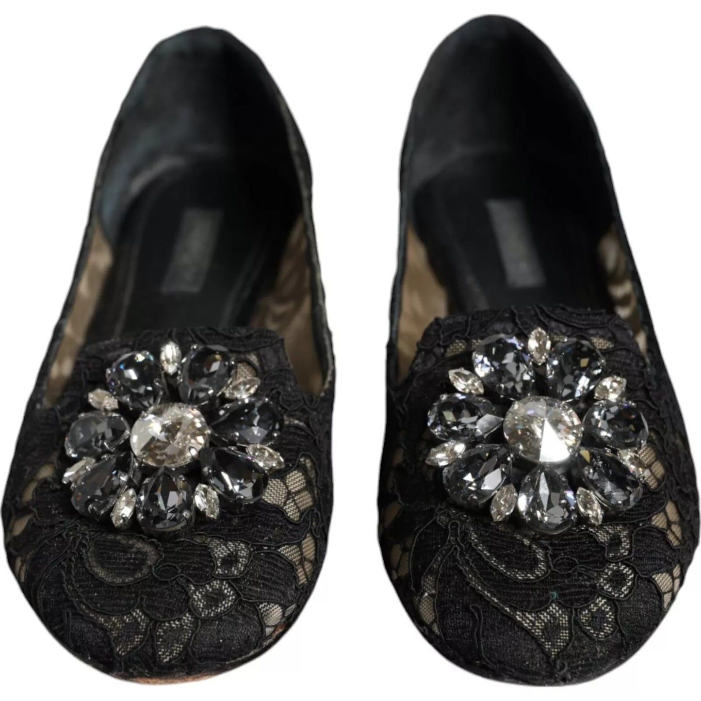 Bailarinas Dolce & Gabbana con encaje negro y cristales, estilo mocasín