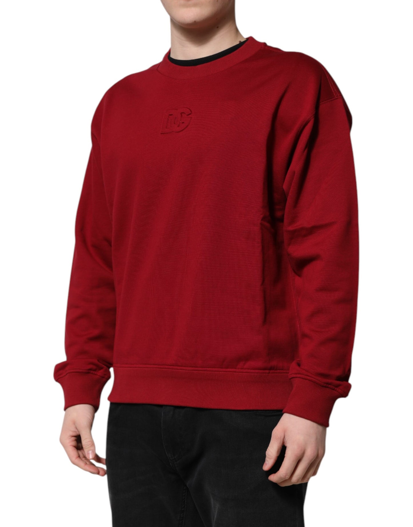 Suéter de cuello redondo de algodón con logotipo rojo en relieve de Dolce & Gabbana