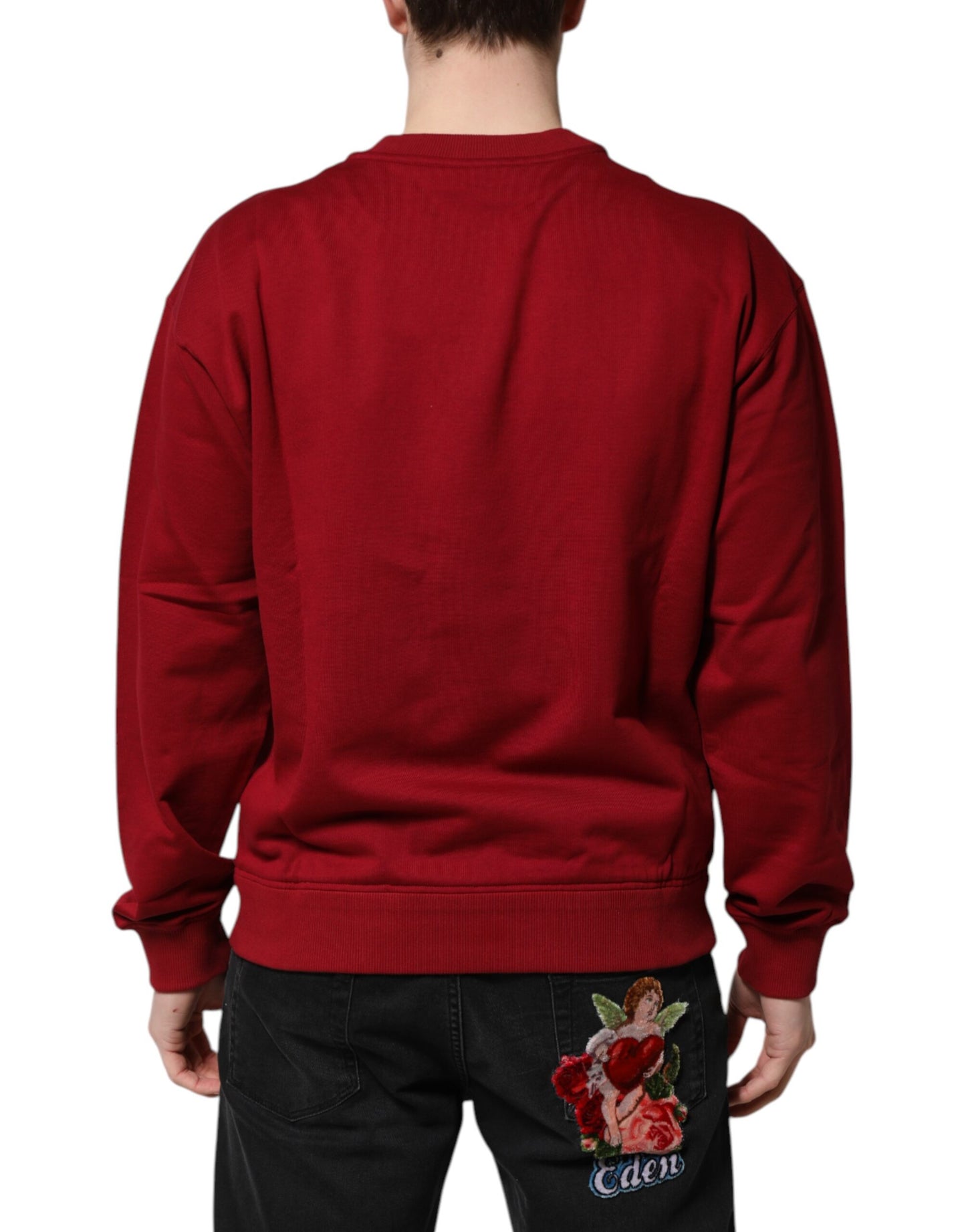 Suéter de cuello redondo de algodón con logotipo rojo en relieve de Dolce & Gabbana