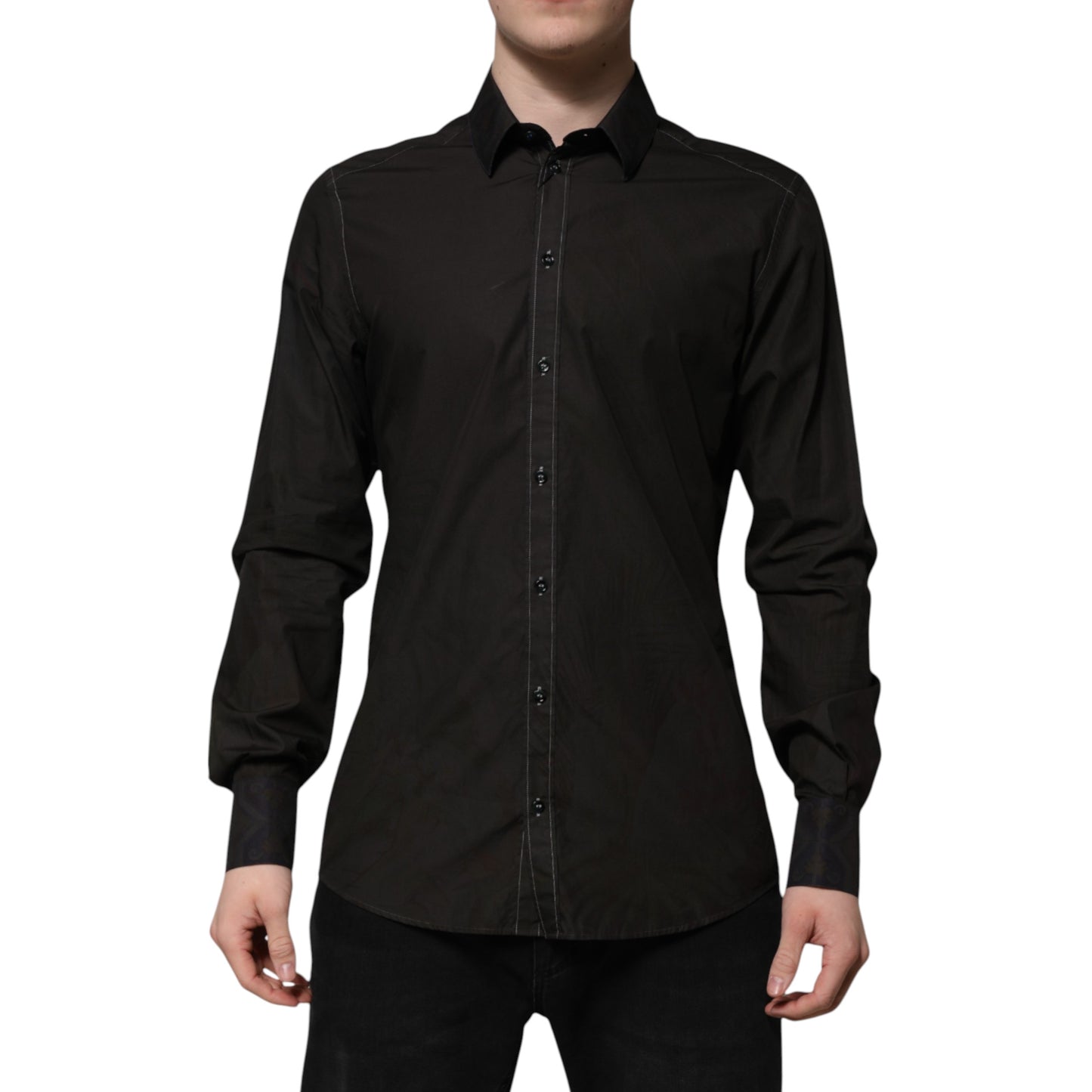 Camisa de vestir Dolce & Gabbana de algodón negro con cuello dorado y jacquard