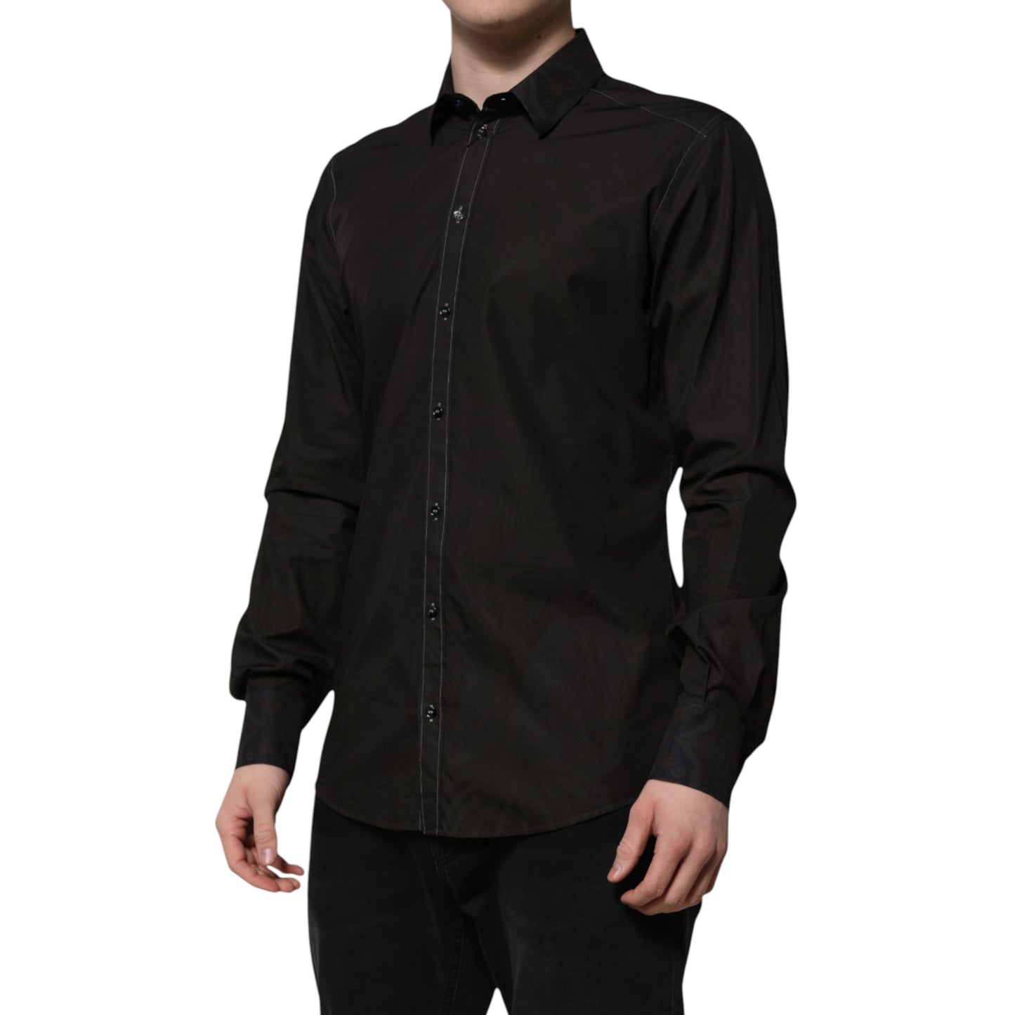Camisa de vestir Dolce & Gabbana de algodón negro con cuello dorado y jacquard