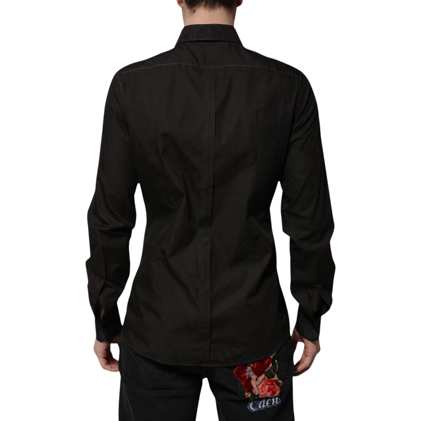 Camisa de vestir Dolce & Gabbana de algodón negro con cuello dorado y jacquard