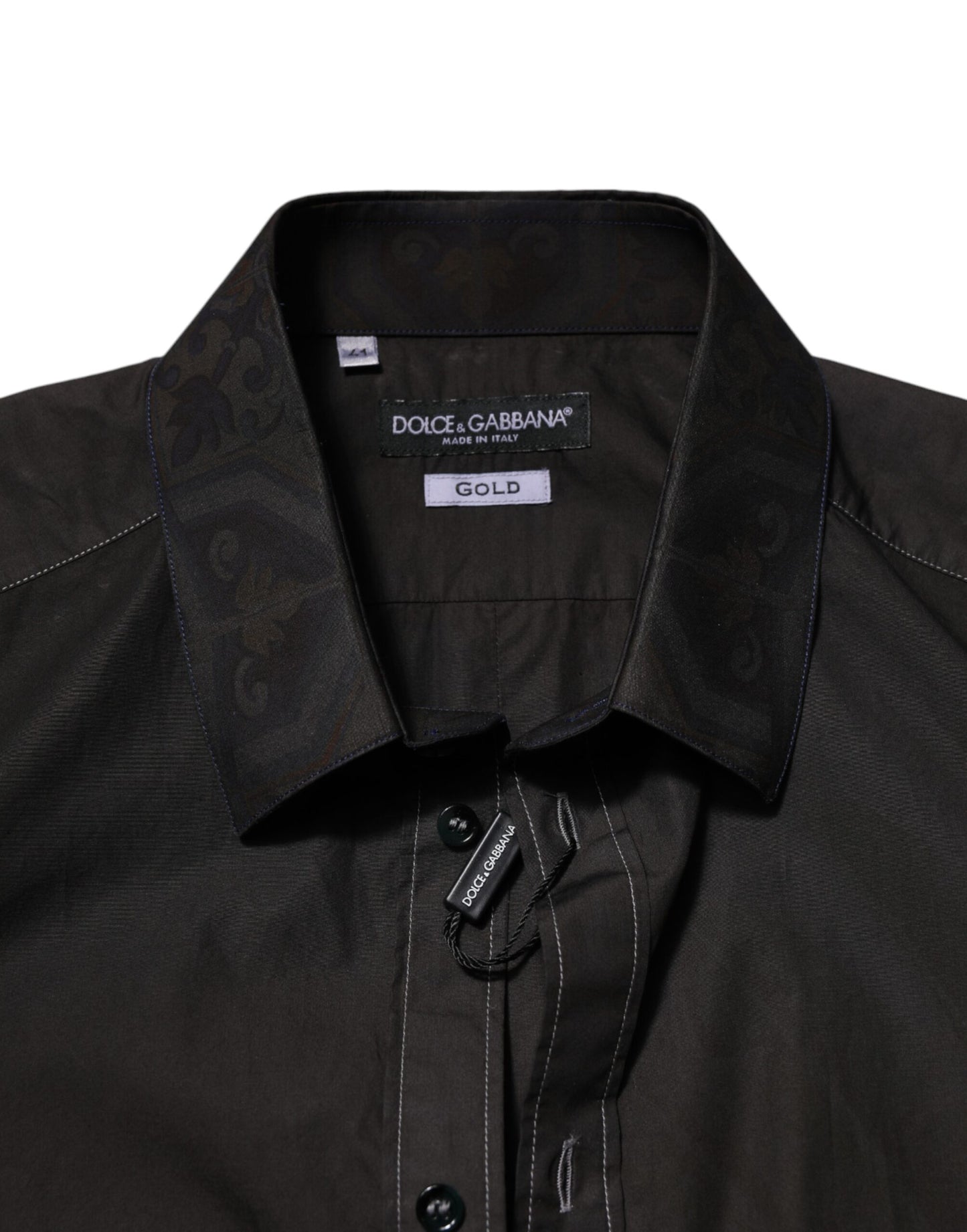 Camisa de vestir Dolce & Gabbana de algodón negro con cuello dorado y jacquard