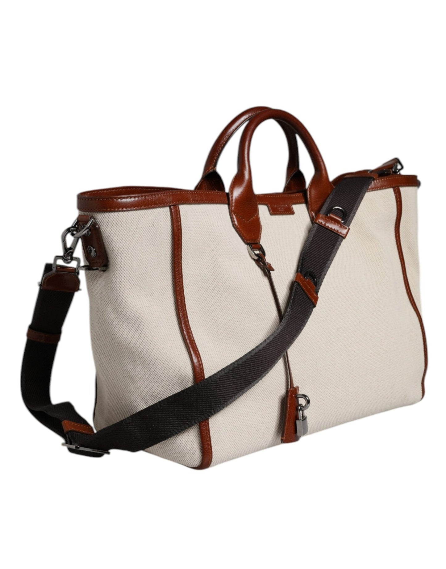 Dolce & Gabbana Beige Brown Cotton Leather Duffle Shoulder Bag - Sandy Store ByNet