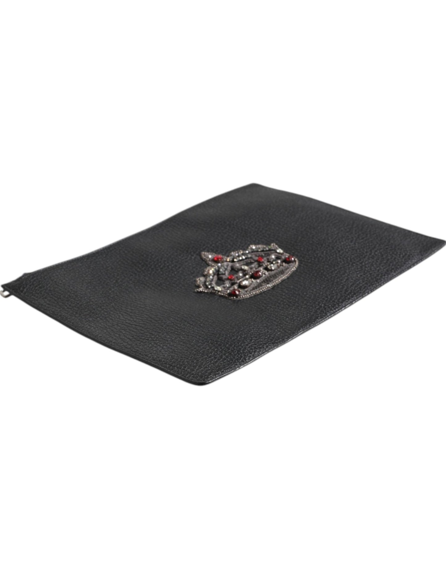 Dolce & Gabbana Black Calfskin Crown Embellished Clutch Pouch Bag - Sandy Store ByNet