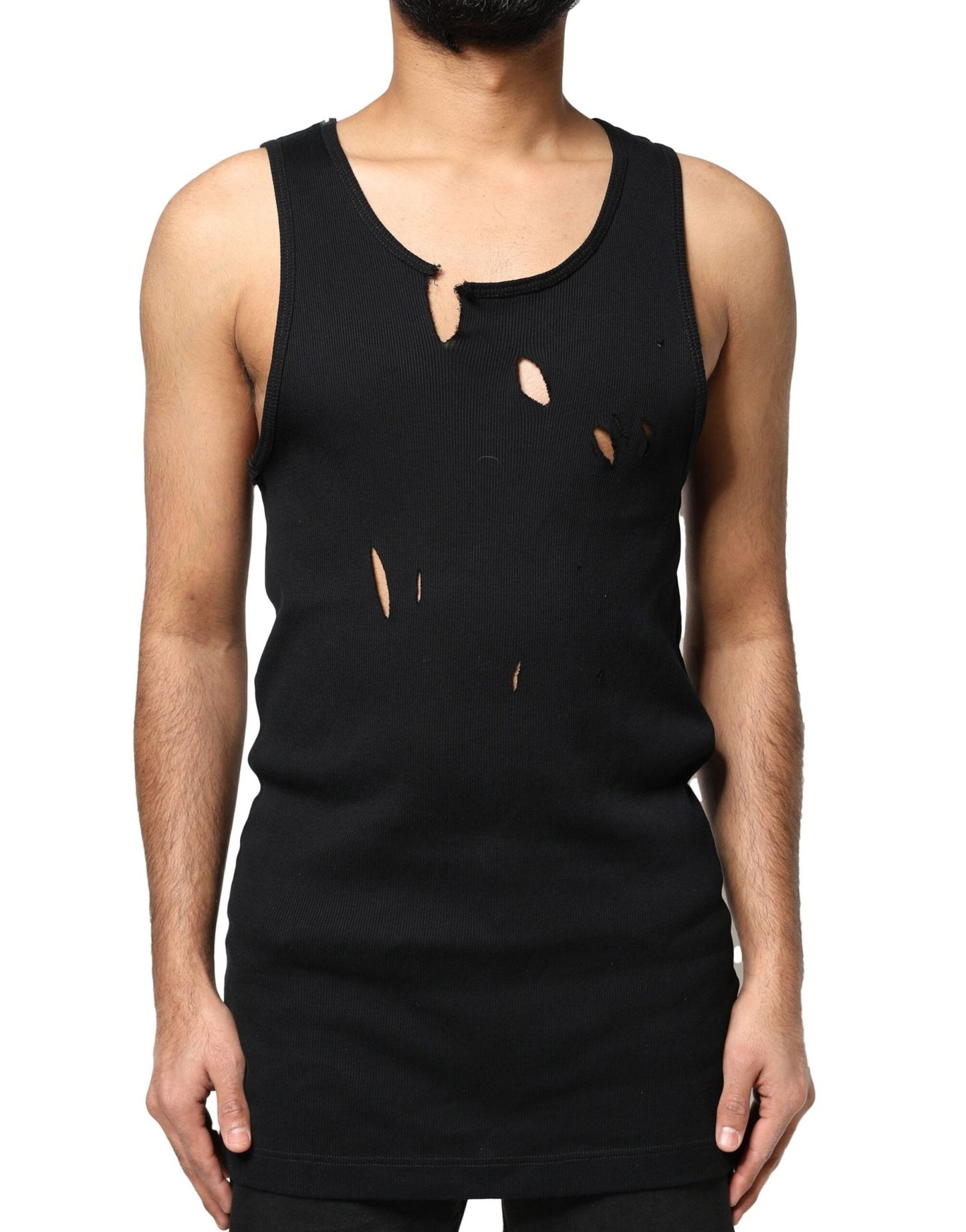 Dolce & Gabbana Black Cotton Rip Style Sleeveless Men Tank T-shirt – IT52 | XL par Dolce & Gabbana | Disponible sur Sandy Store ByNet