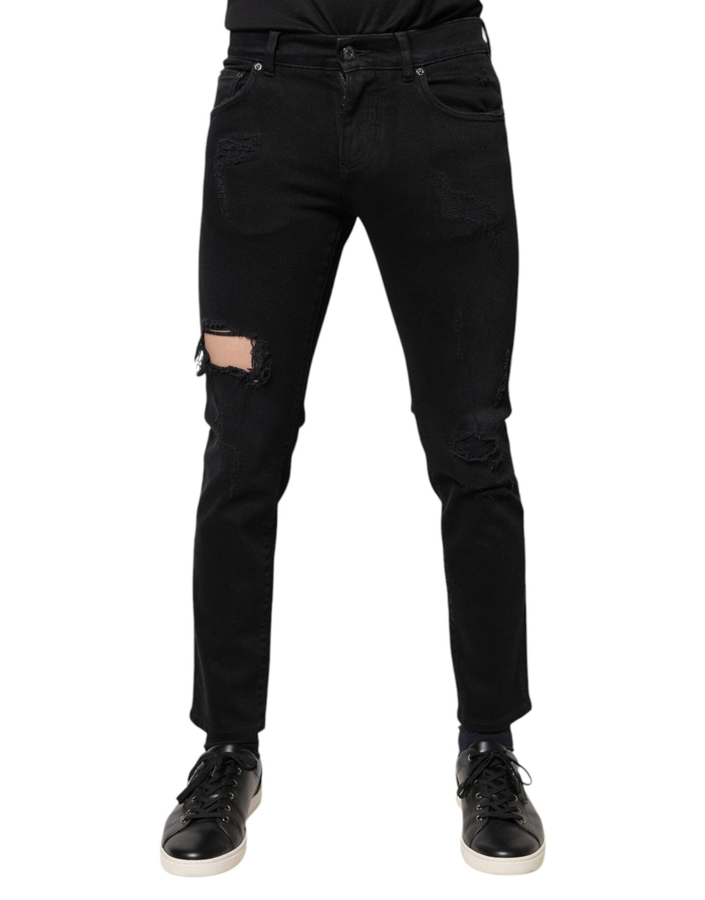 Dolce & Gabbana Black Cotton Tattered Skinny Denim Logo Jeans – IT46 | S par Dolce & Gabbana | Disponible sur Sandy Store ByNet