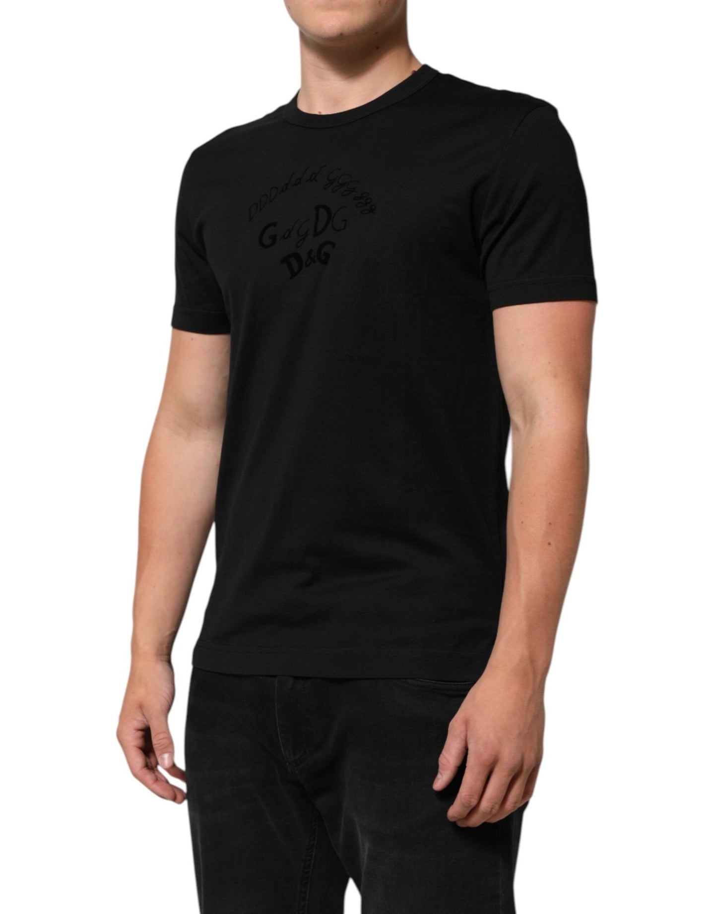 Dolce & Gabbana Black Cotton Velvet Logo Print Men T-shirt – IT44 | XS par Dolce & Gabbana | Disponible sur Sandy Store ByNet