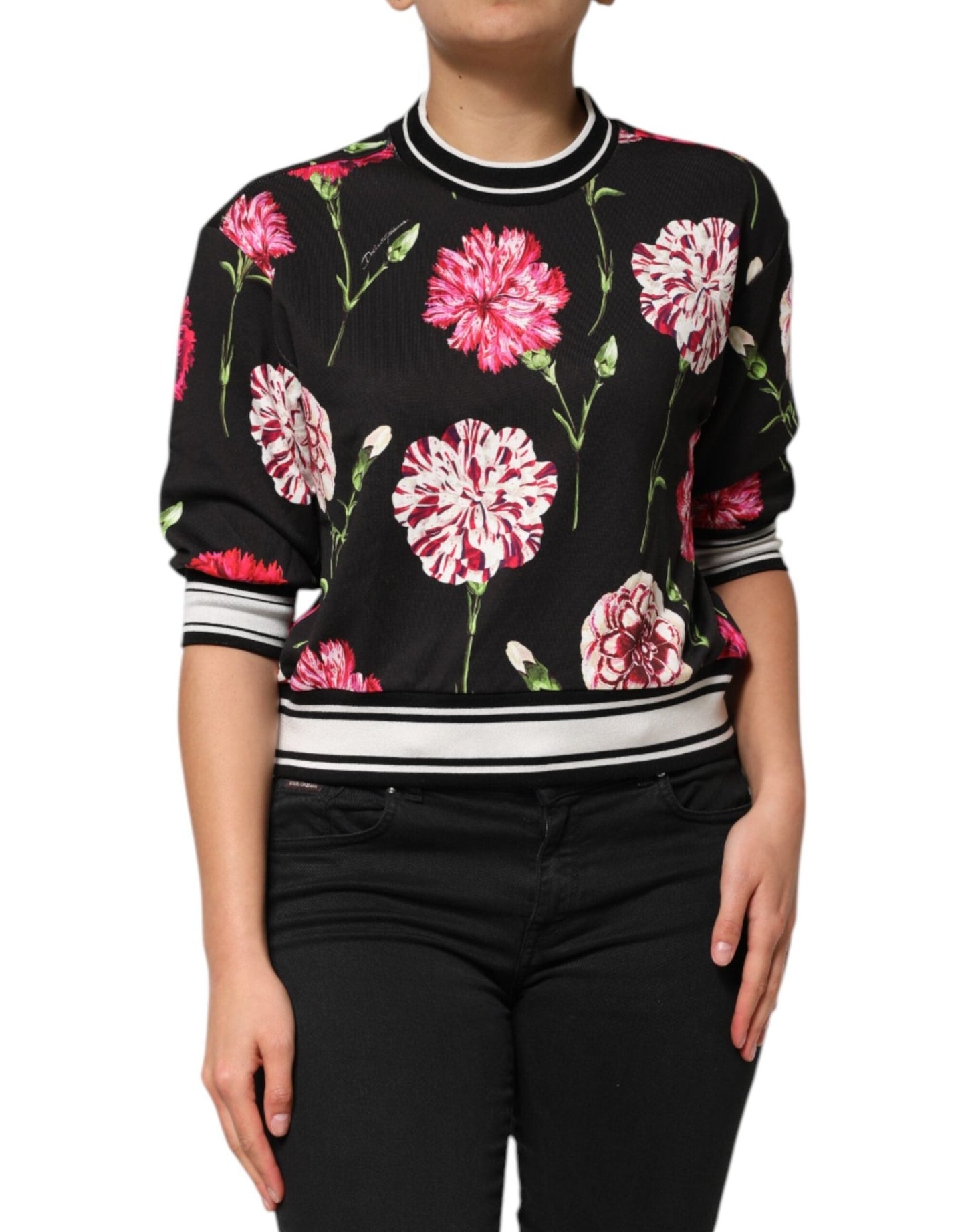 Dolce & Gabbana Black Floral Print Cotton Short Sleeves Top – IT38 | XS par Dolce & Gabbana | Disponible sur Sandy Store ByNet