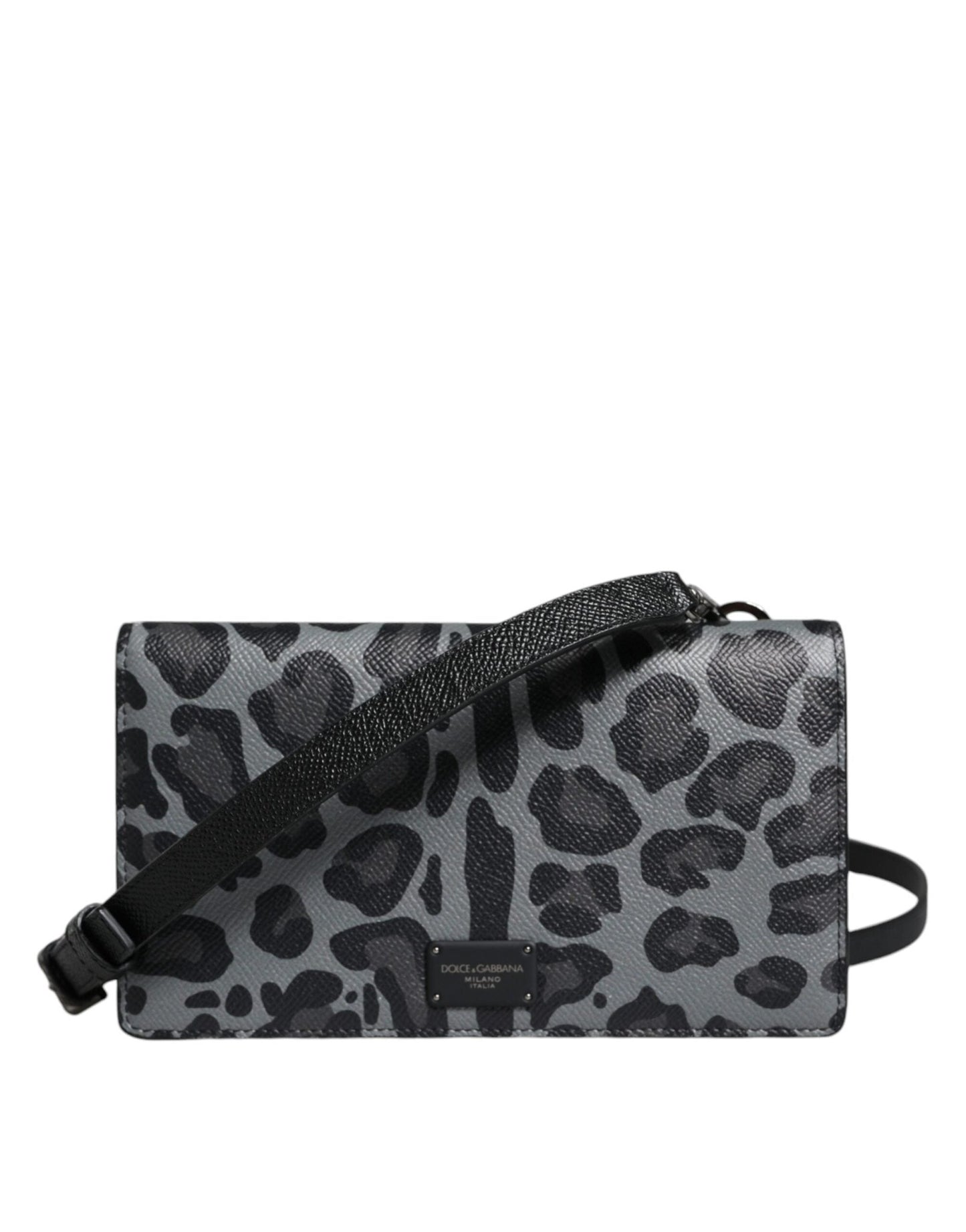 Dolce & Gabbana Black Gray Leopard Leather Bifold Card Slot Crossbody Bag - Sandy Store ByNet