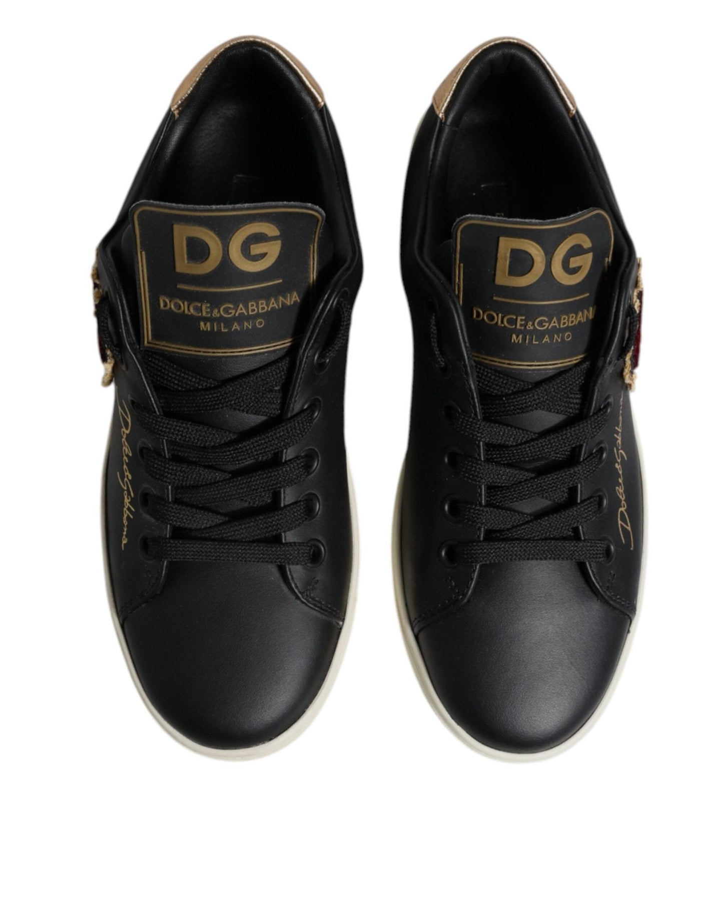 Dolce & Gabbana Black Leather Gold Red Heart Sneakers Shoes - Sandy Store ByNet