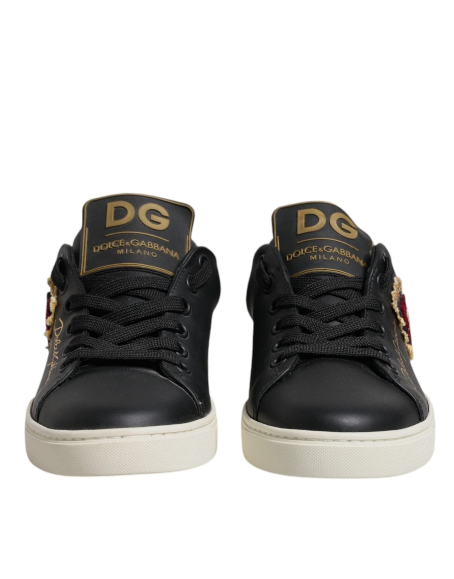 Dolce & Gabbana Black Leather Gold Red Heart Sneakers Shoes - Sandy Store ByNet