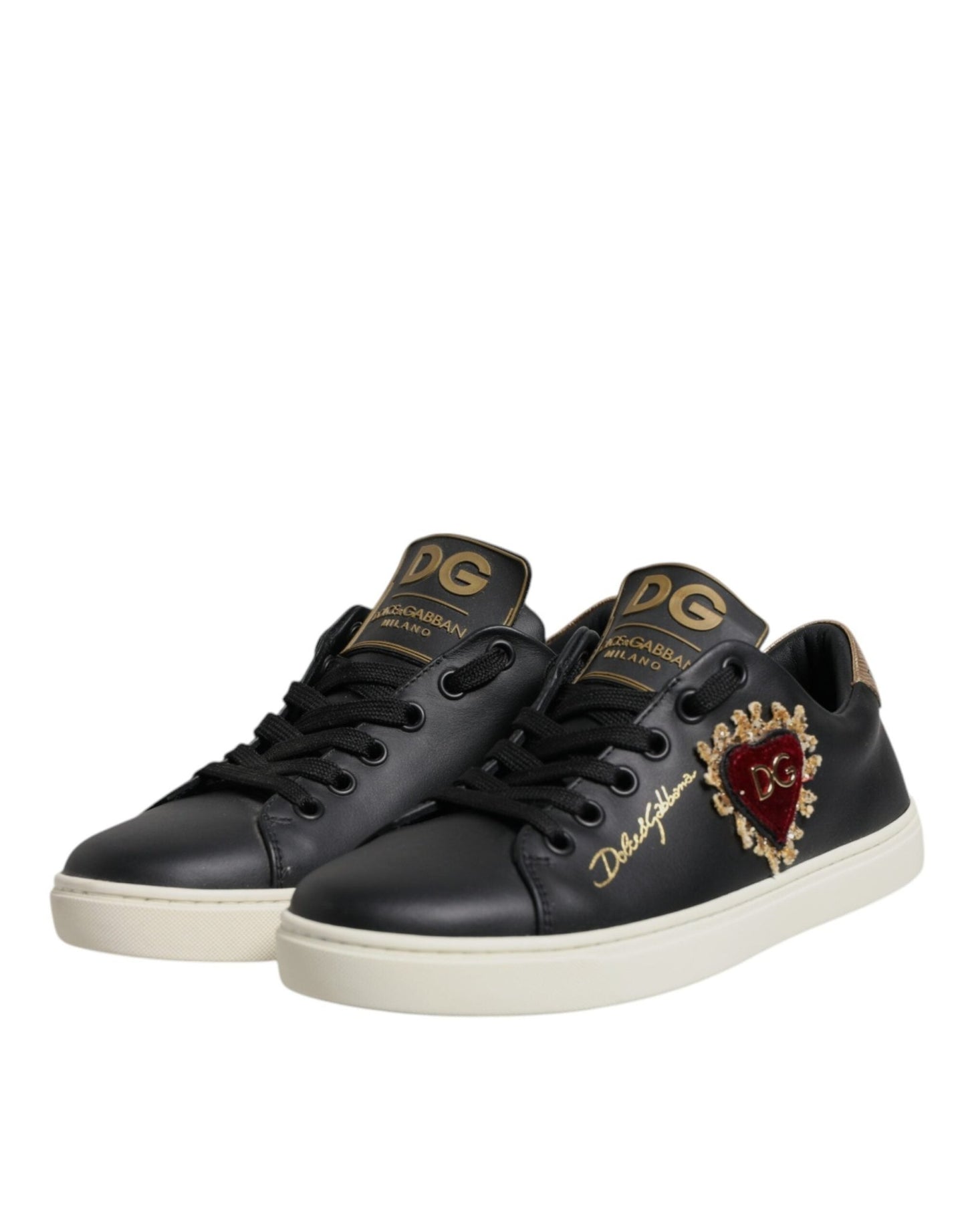 Dolce & Gabbana Black Leather Gold Red Heart Sneakers Shoes - Sandy Store ByNet