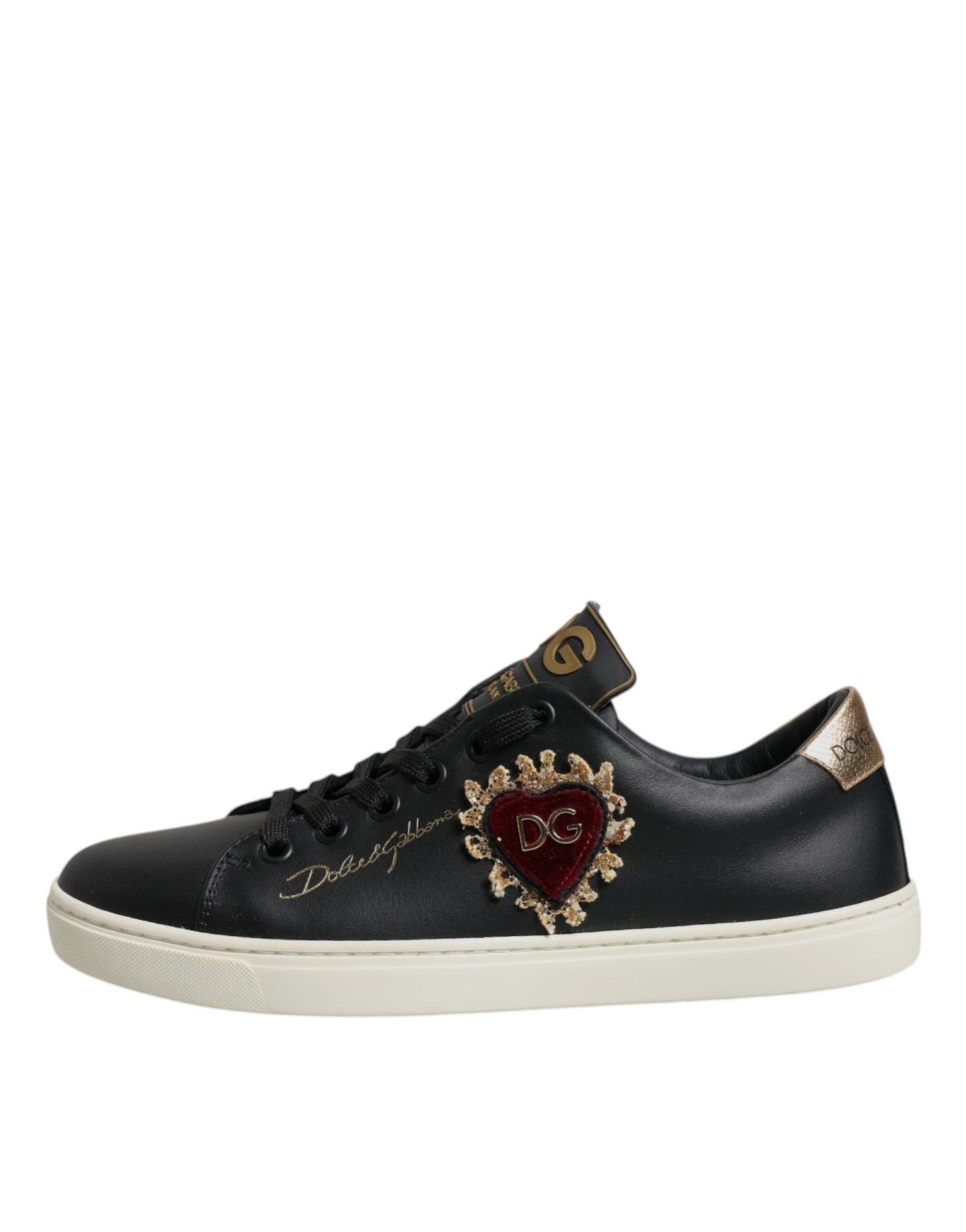 Dolce & Gabbana Black Leather Gold Red Heart Sneakers Shoes - Sandy Store ByNet