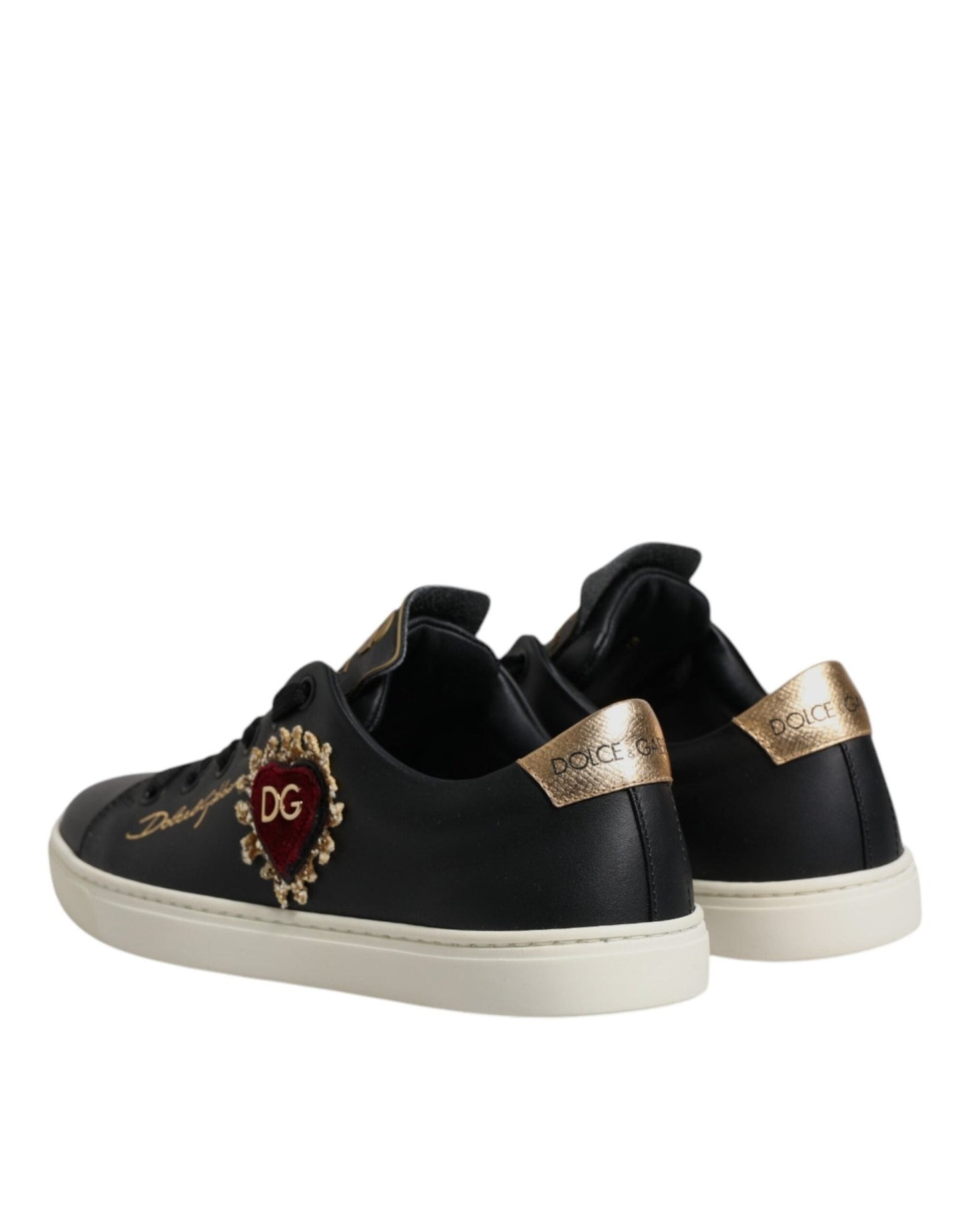 Dolce & Gabbana Black Leather Gold Red Heart Sneakers Shoes - Sandy Store ByNet