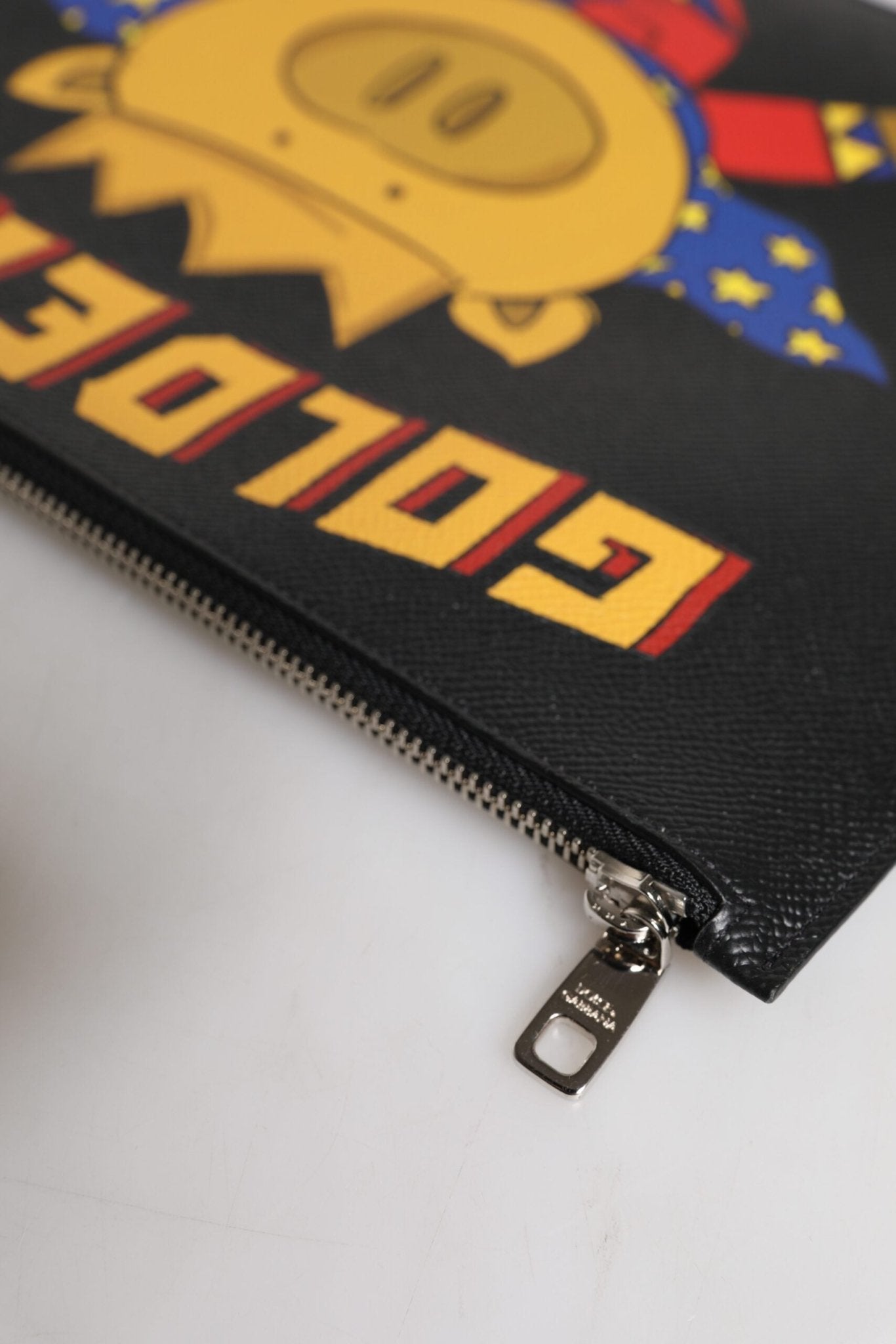 Dolce & Gabbana Black Leather Golden Pig Print Logo Plaque Men Pouch Bag - Sandy Store ByNet