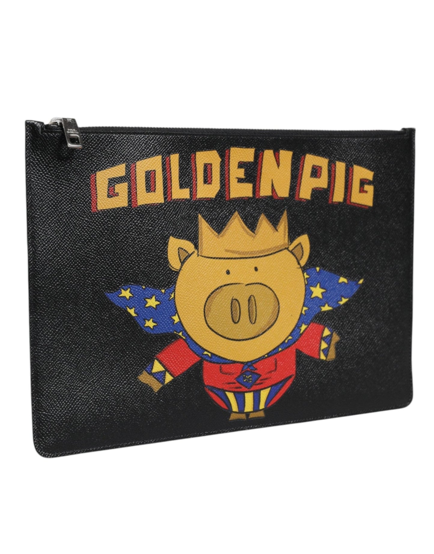 Dolce & Gabbana Black Leather Golden Pig Print Logo Plaque Men Pouch Bag - Sandy Store ByNet