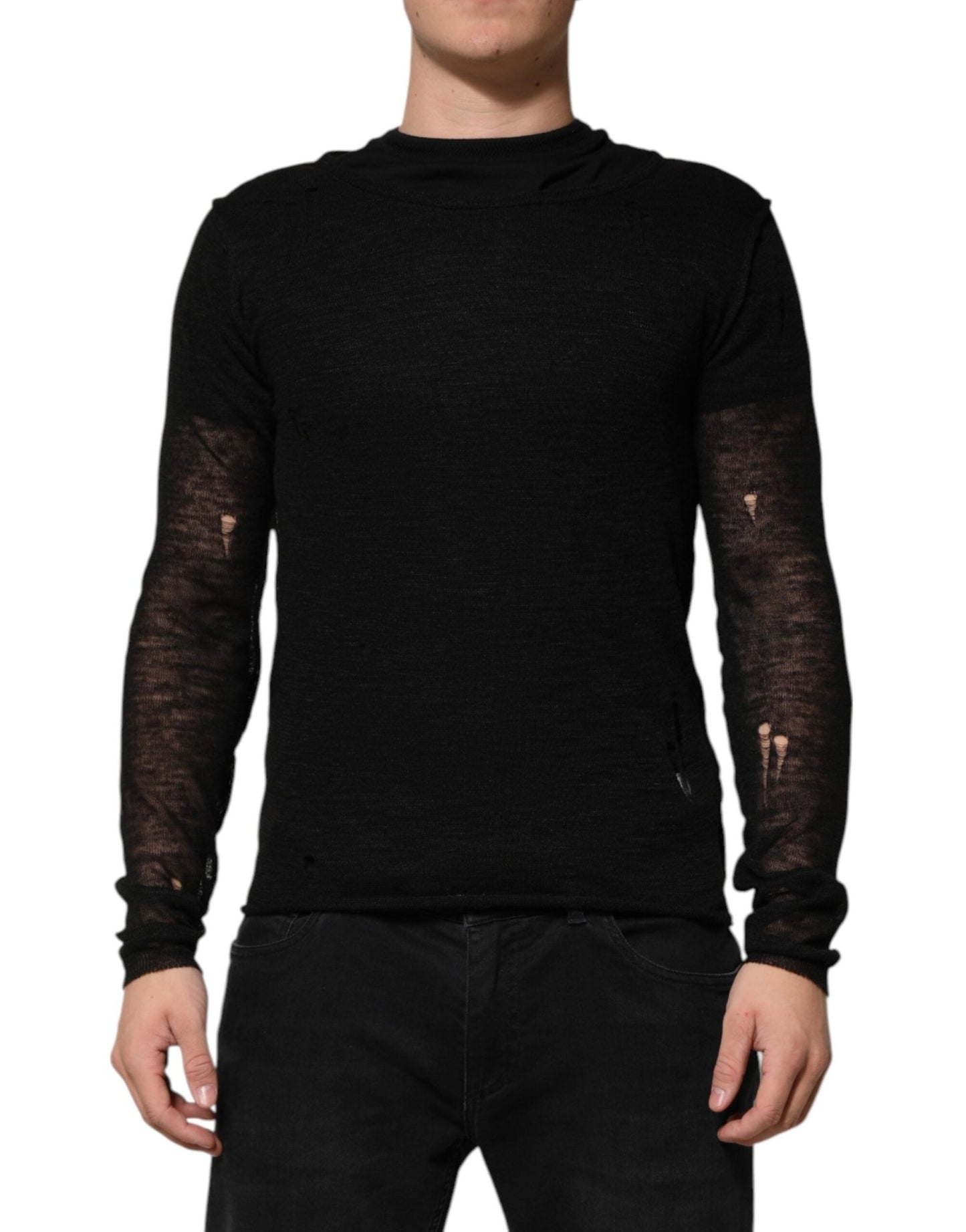 Dolce & Gabbana Black Linen Mesh Tattered Longsleeves T-shirt – IT48 | M par Dolce & Gabbana | Disponible sur Sandy Store ByNet