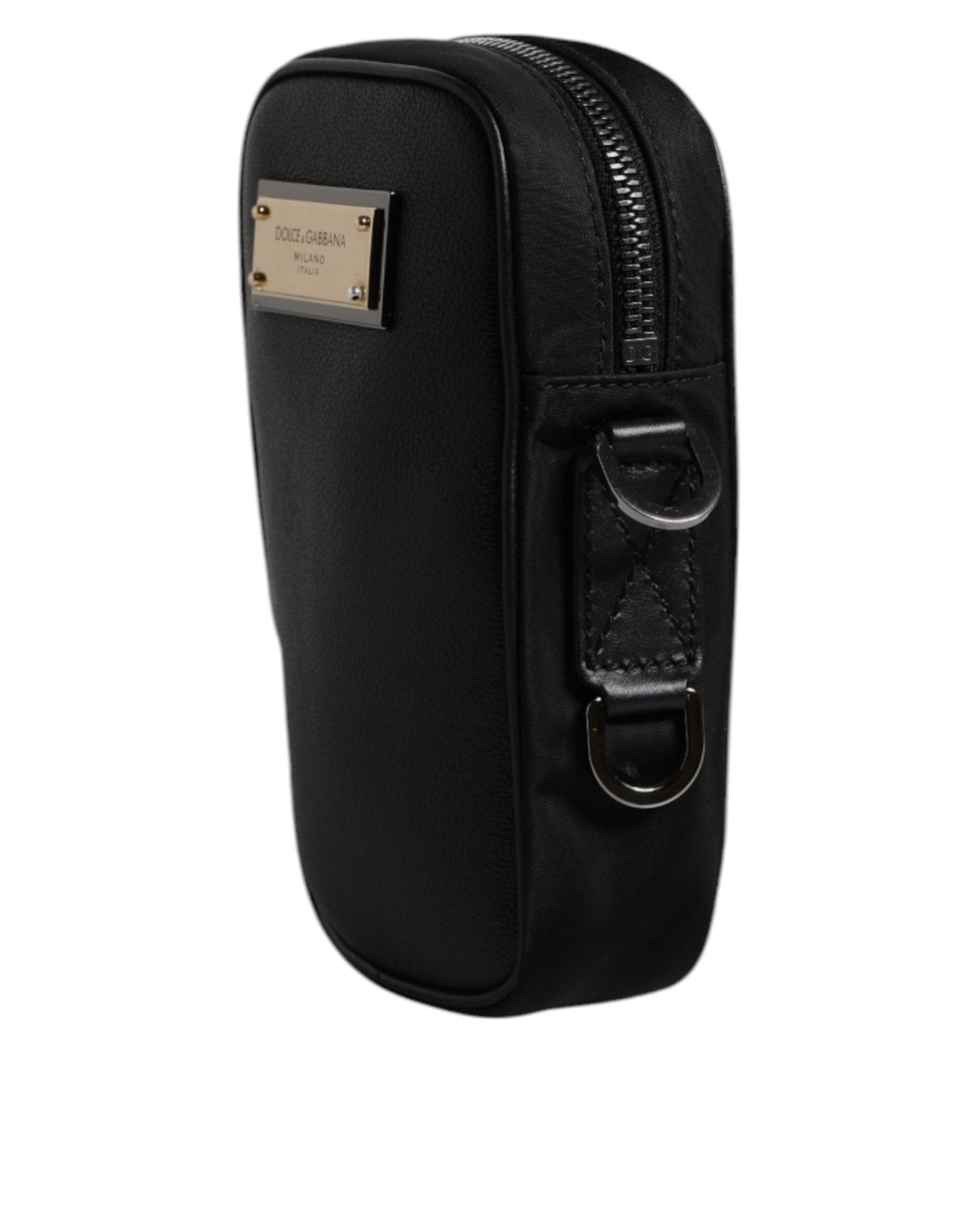 Dolce & Gabbana Black Nylon Leather Logo Plaque Crossbody Sling Bag - Sandy Store ByNet