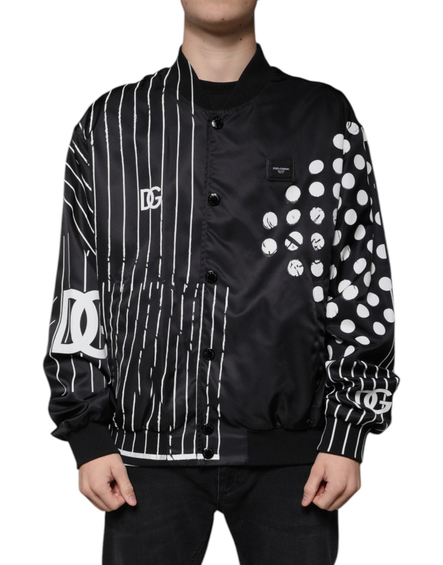 Dolce & Gabbana Black Polka Dot Stripe Nylon Bomber Jacket – IT58 | 3XL par Dolce & Gabbana | Disponible sur Sandy Store ByNet