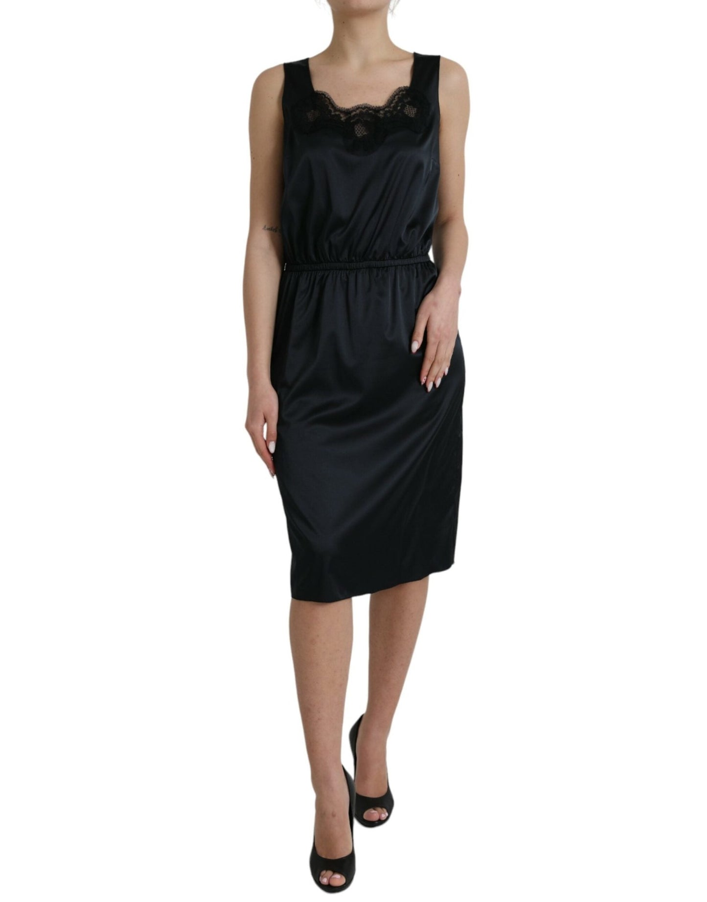 Dolce & Gabbana Black Polyester Lace Trim Sheath Midi Dress - Sandy Store ByNet