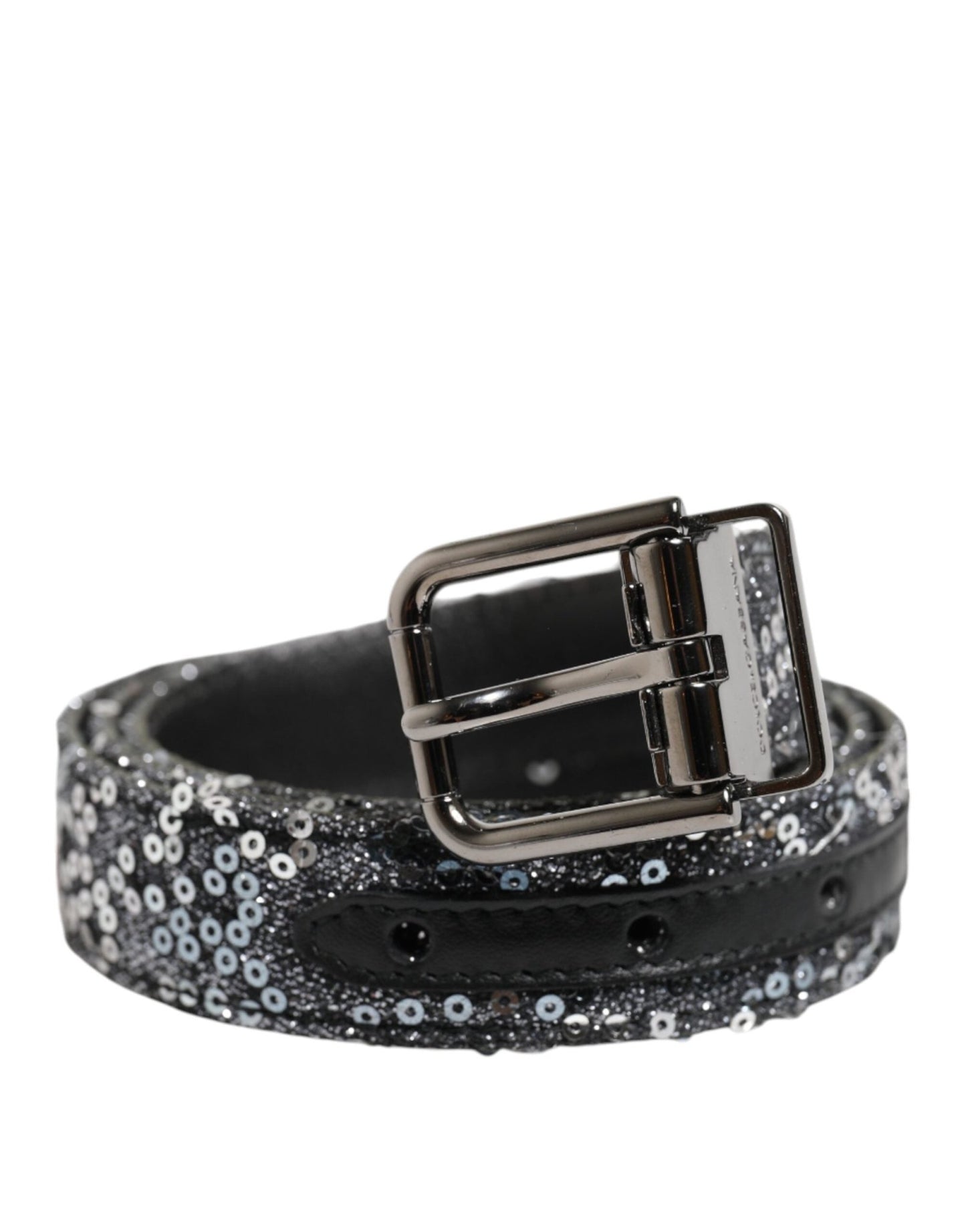 Dolce & Gabbana Black Sequins Silver Metal Logo Buckle Belt – 90 cm / 36 Inches par Dolce & Gabbana | Disponible sur Sandy Store ByNet