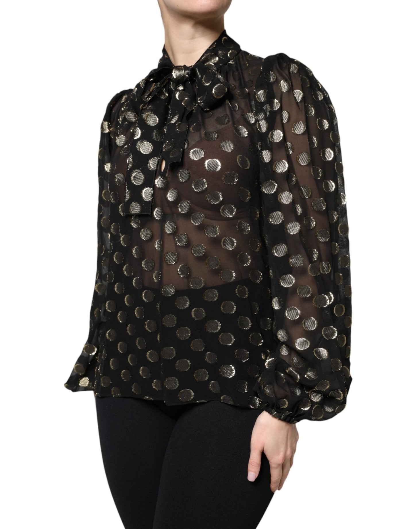 Dolce & Gabbana Black Sheer Tied Neck Polka Dots Blouse Top - Sandy Store ByNet