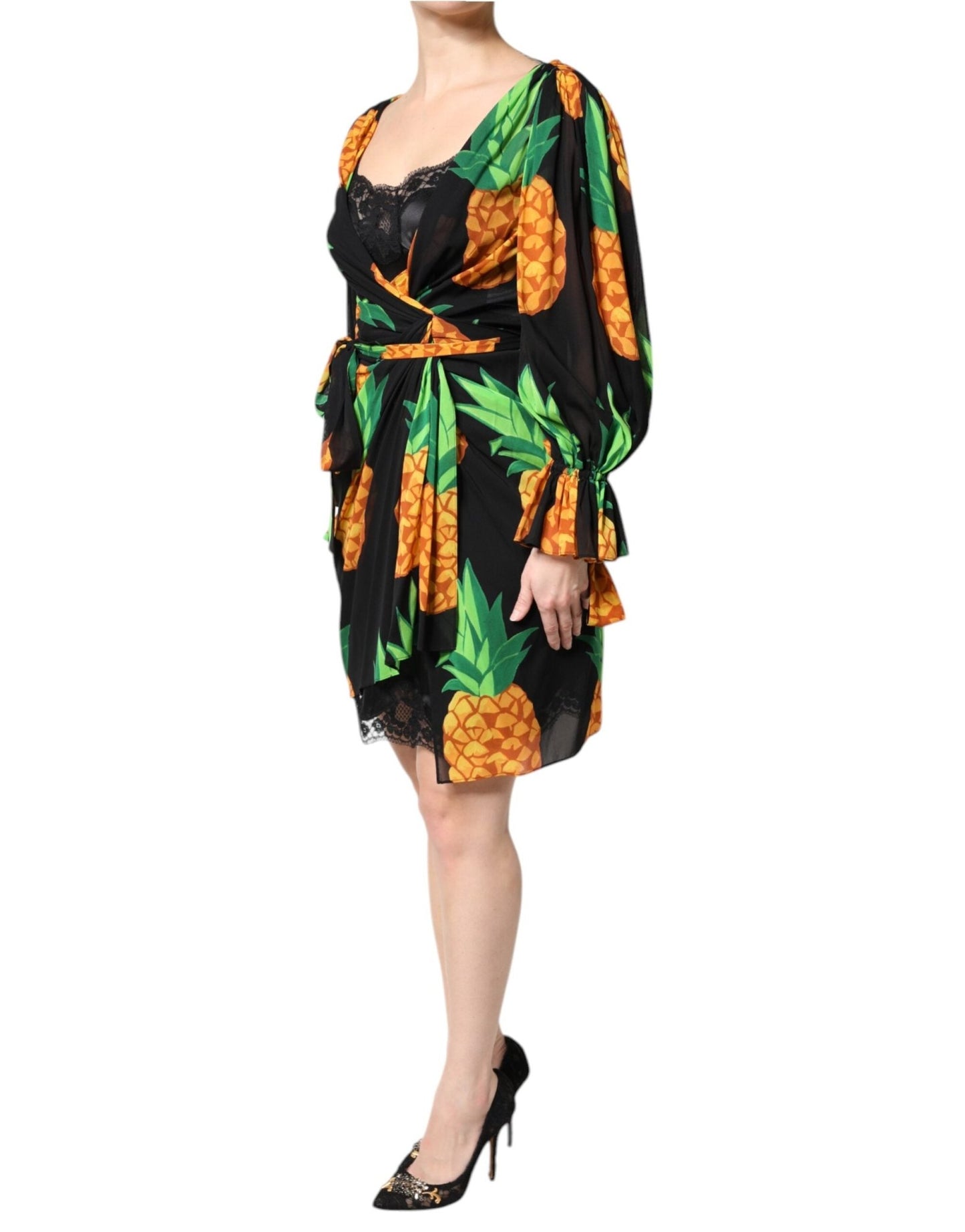 Dolce & Gabbana Black Silk Pineapple Draped Print Wrap Dress - Sandy Store ByNet