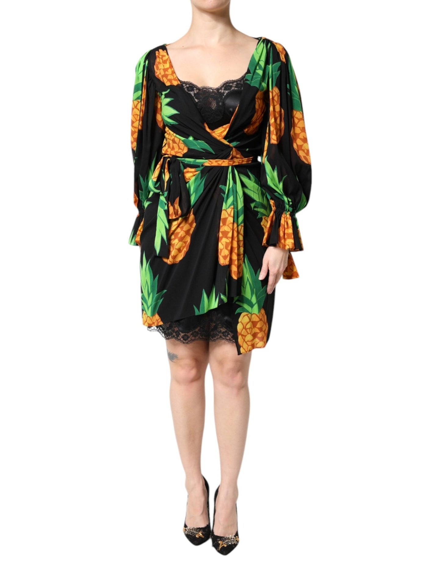 Dolce & Gabbana Black Silk Pineapple Draped Print Wrap Dress - Sandy Store ByNet