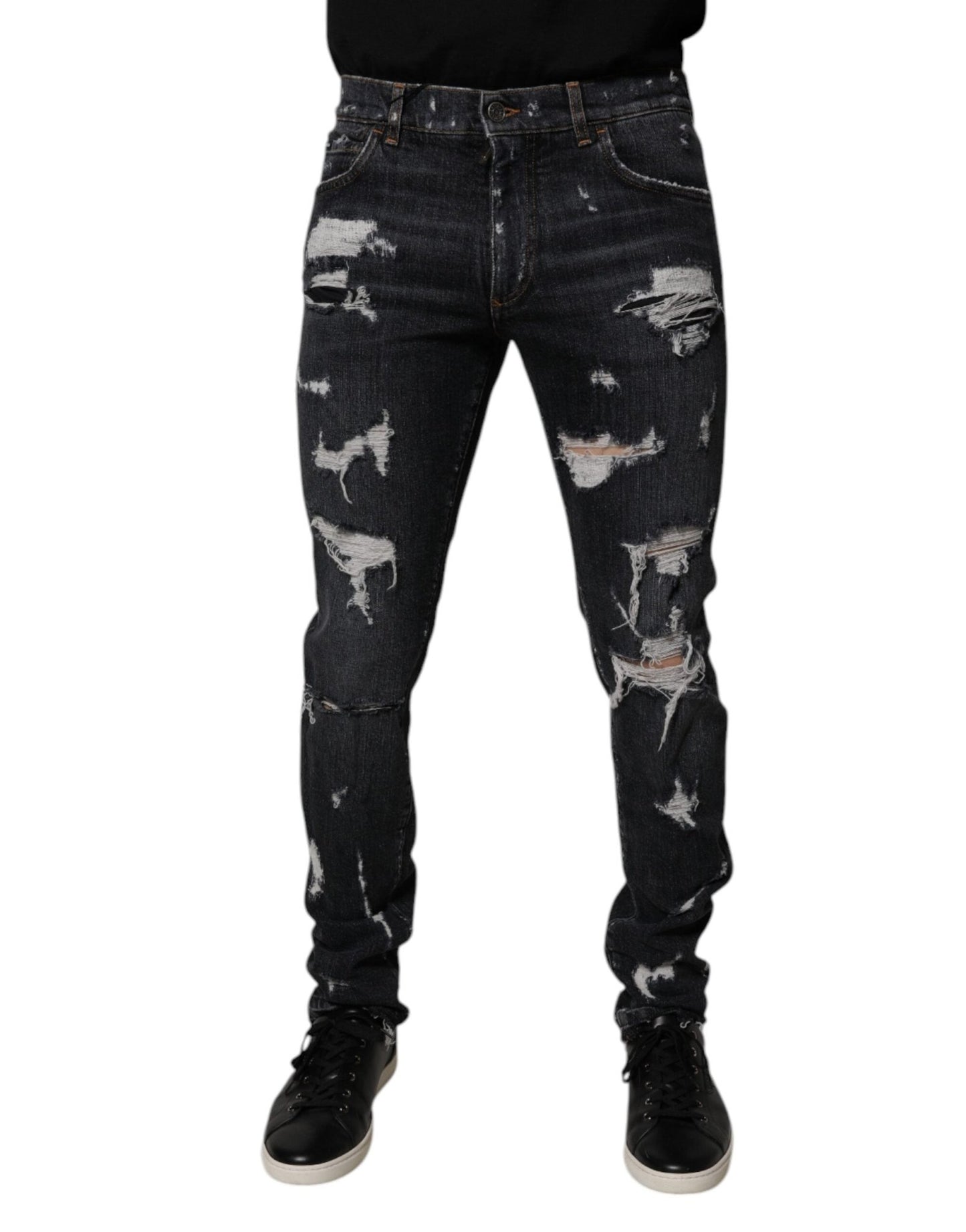 Dolce & Gabbana Black Tattered Cotton Skinny Men Denim Jeans – IT48 | M par Dolce & Gabbana | Disponible sur Sandy Store ByNet