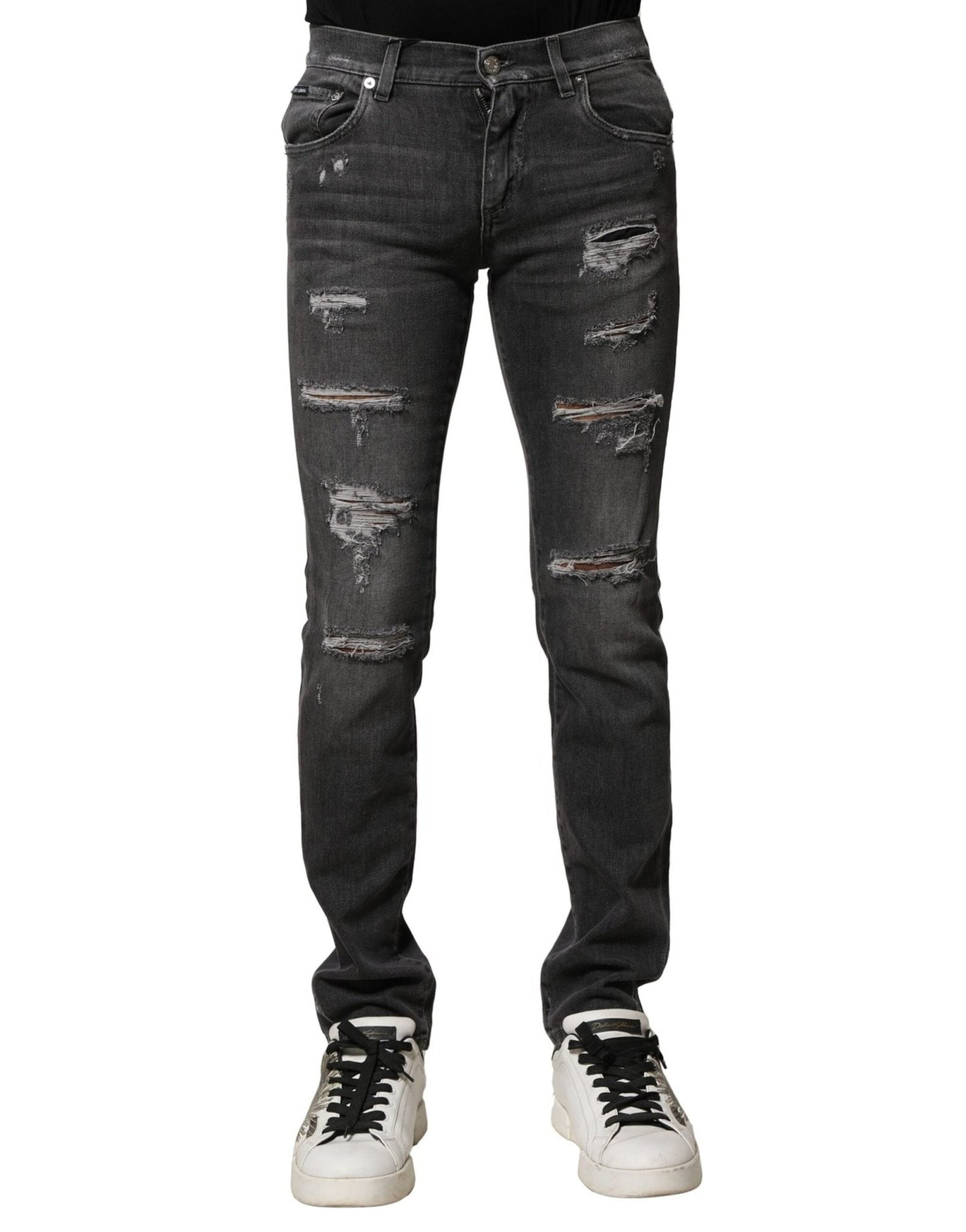 Dolce & Gabbana Black Washed Tattered Slim Fit Denim Jeans – IT44 | XS par Dolce & Gabbana | Disponible sur Sandy Store ByNet