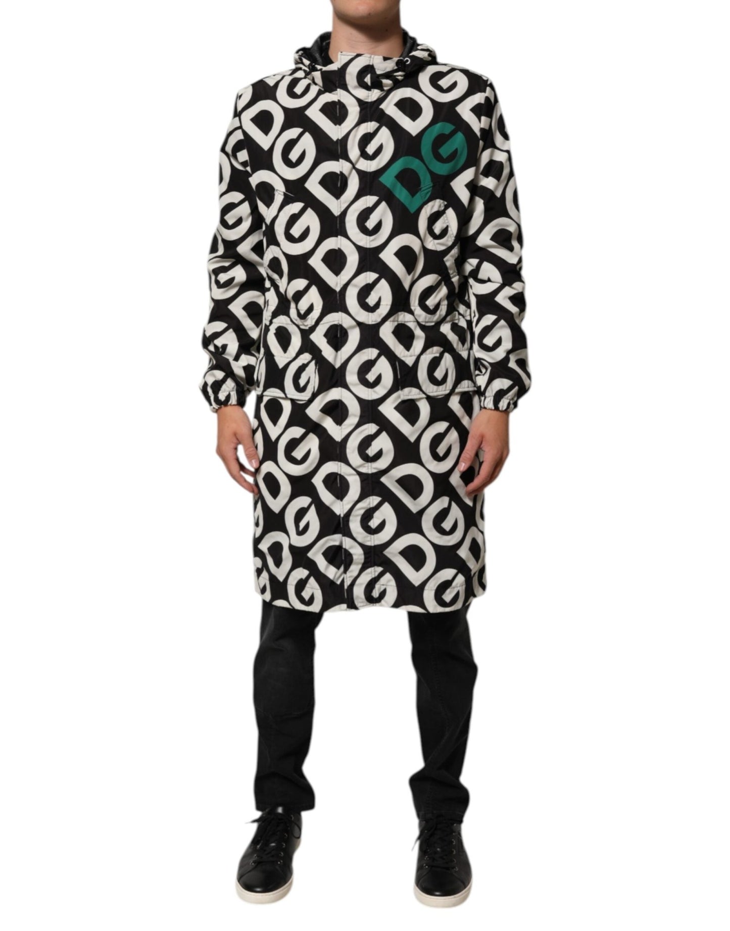 Dolce & Gabbana Black White Logo Print Hooded Coat Men Jacket – IT44 | XS par Dolce & Gabbana | Disponible sur Sandy Store ByNet