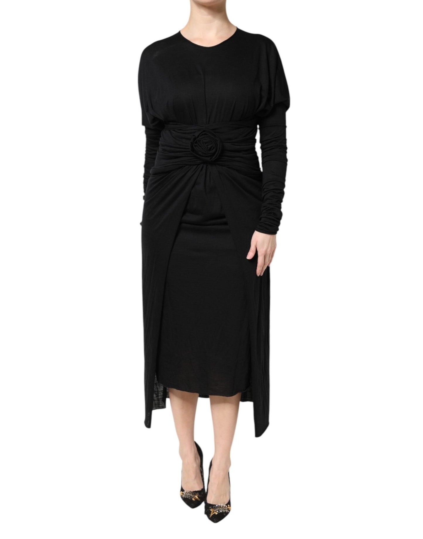 Dolce & Gabbana Black Wool Long Sleeves Sheath Midi Dress – IT36|XXS par Dolce & Gabbana | Disponible sur Sandy Store ByNet